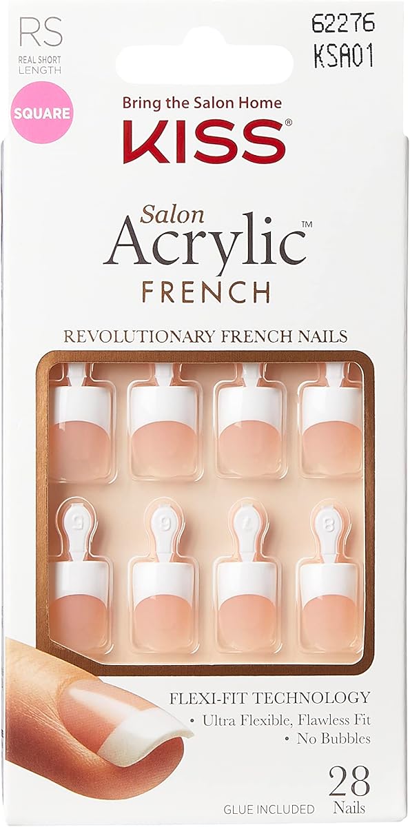 KISS Salon Acrylic French Manicure Set, Style “Halo Effect”, Nail Kit Includes Pink Gel Nail Glue (Net Wt. 2 g / 0.07oz.), Mini Nail File, Manicure Stick, and 28 Fake Nails