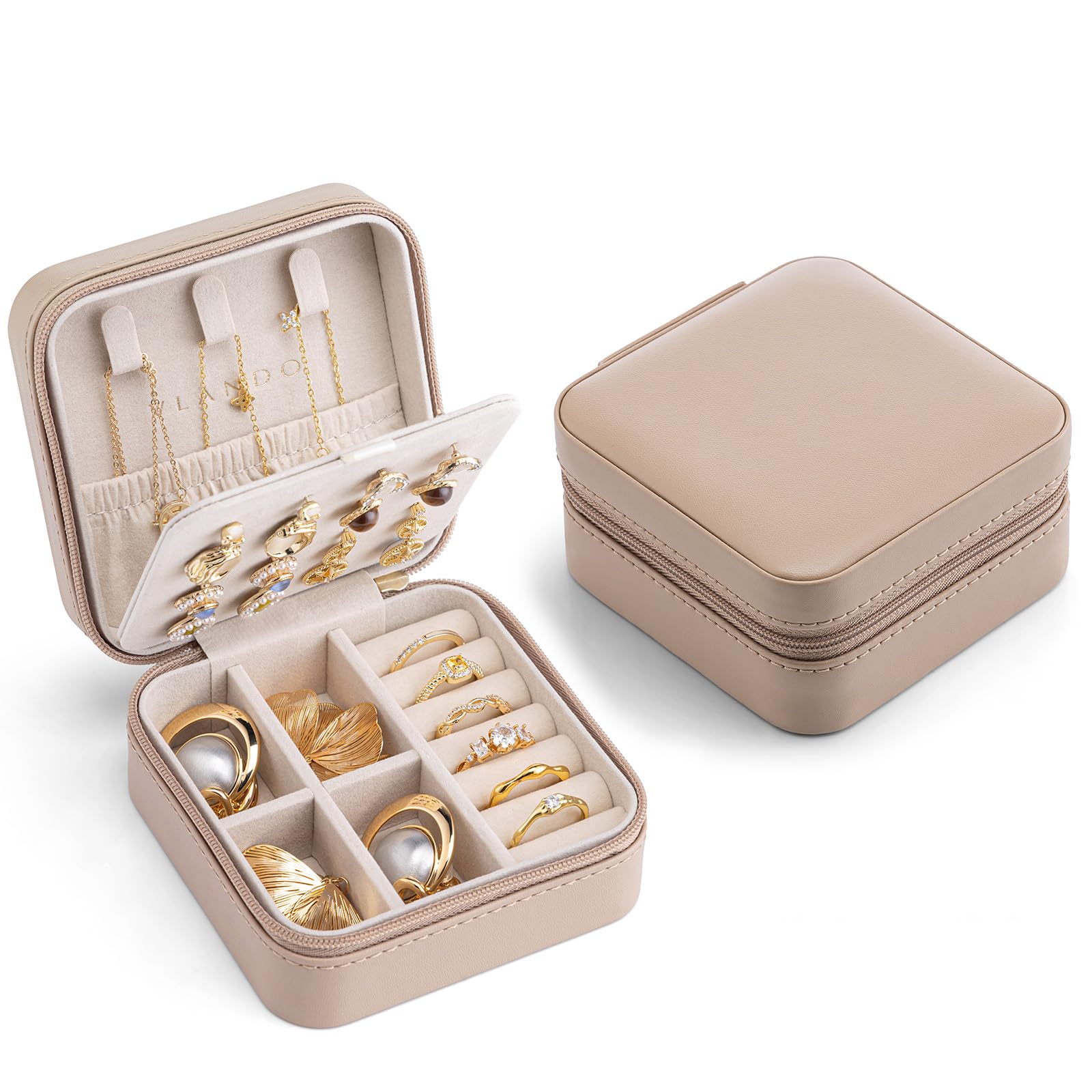 VLANDO Schmuckaufbewahrung Schmuckkästchen Klein, Schmuckschatulle für Mädchen, Schmuckbox Damen, Reise Schmuck Etui, Jewelry Organizer Leder, für Ohrringe, Halsketten, Ringe,Milchkaffee