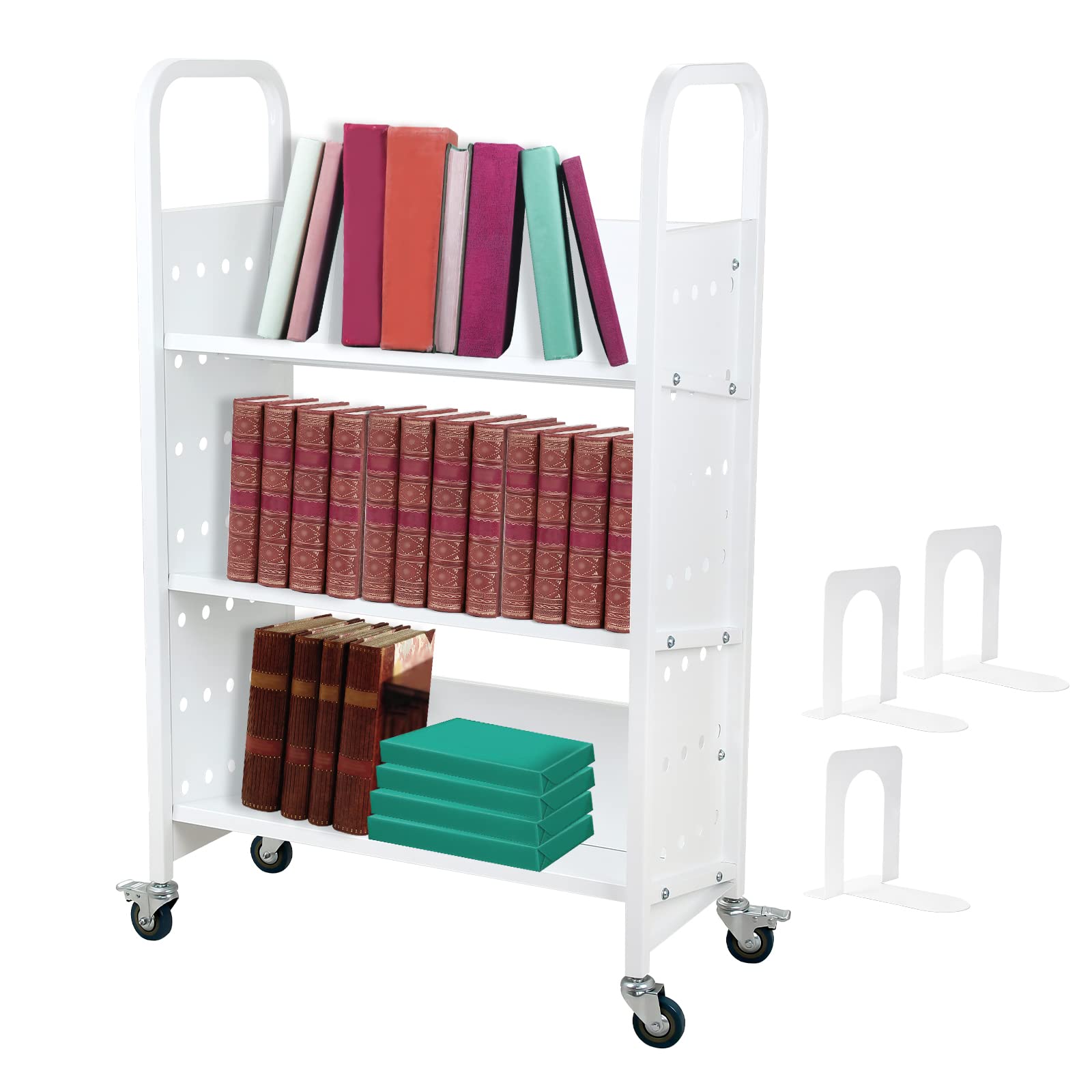 Library Book Cart 200 Pounds, Single Sided V-Shaped Rolling Book Cart with 4 Lockable Wheels for Office, School, Movable Book Cart, White
