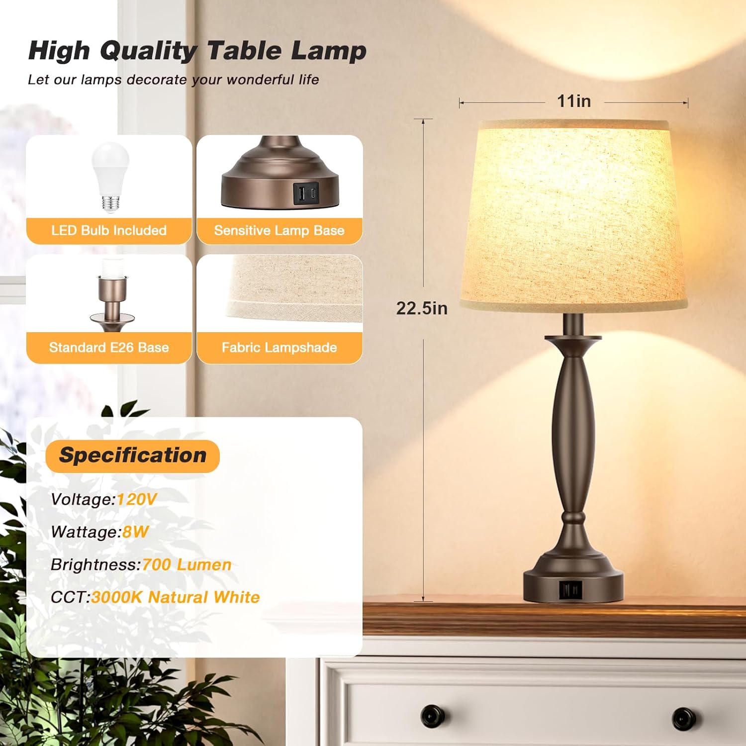 Blue Linen Shade Nickel Base Touch Control Table Lamps Set of 2