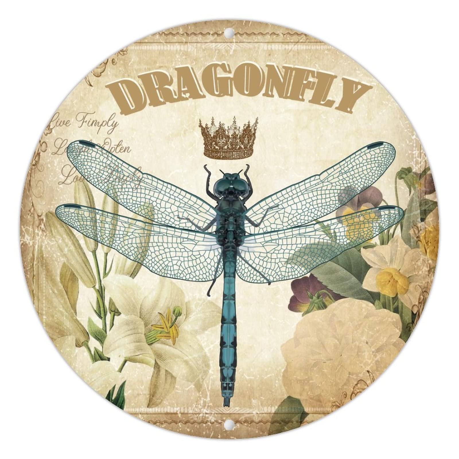Lily Pansy Dahlia Tin Sign Dragonfly Blooming Flowers Metal Plaque Tuscan Farmhouse Decor Plaque Sign Signag Metal Wall Plaques Poster for Table Living Room Nursing Home Patio 12in