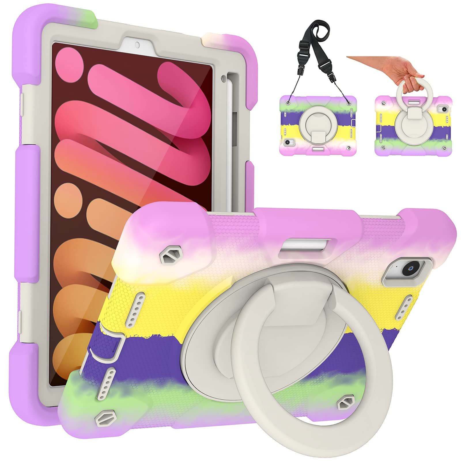 Andnary Case for 2024 iPad mini 7 A17 Pro/2021 Mini 6 8.3 Inch Case with Built-in Pencil Holder/360° Rotating Handle Stand, Drop-Proof Cover for iPad mini 7th/6th Generation, Colorful Purple