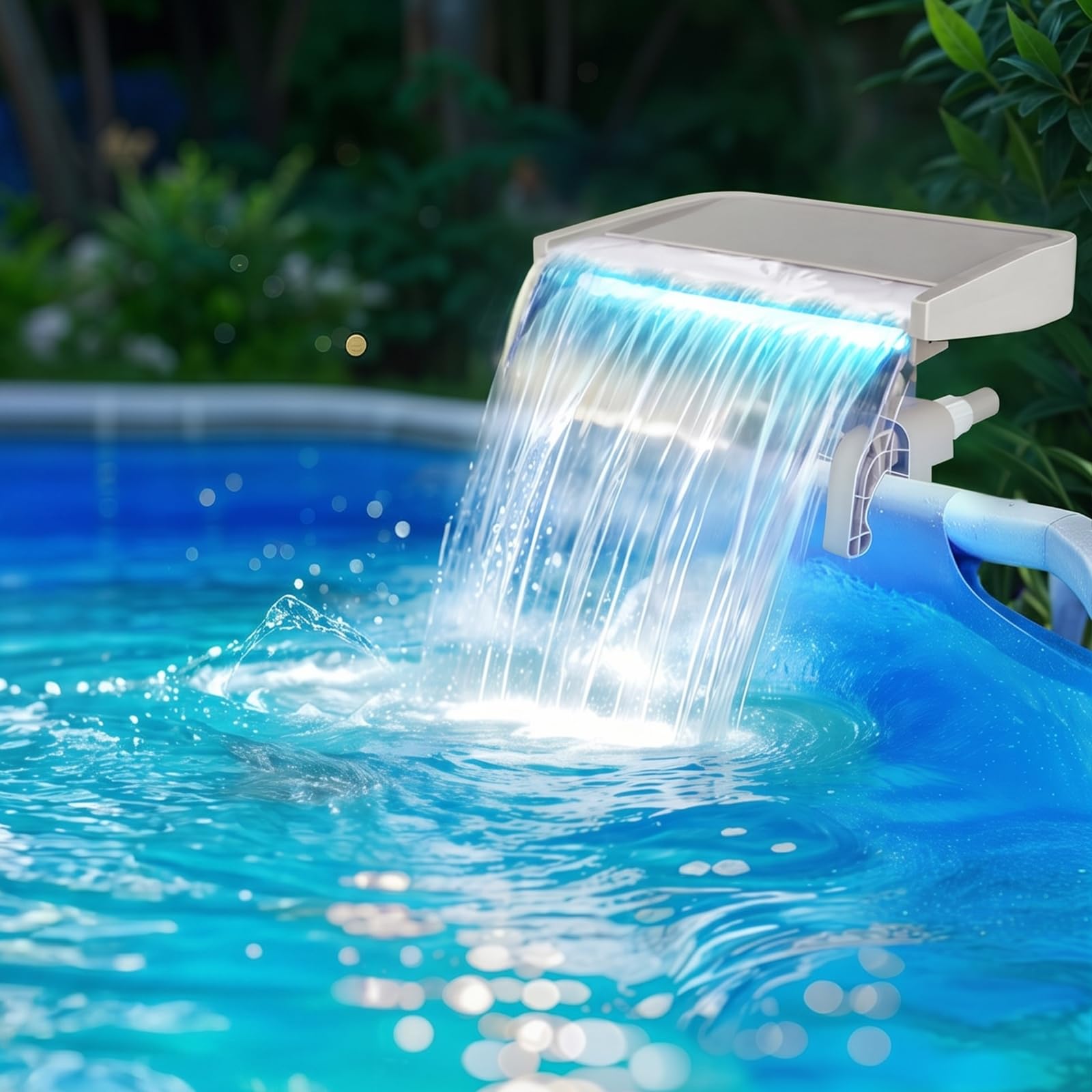 Hanaoyo LED-Poolbrunnen Wasserfall für oberirdische Pools, 7 Verschiedene Beleuchtungsfarben, glatt fließender Pool-Wasserfall, entspannende Kaskade für Außendekoration, verstellbare Breite, passend