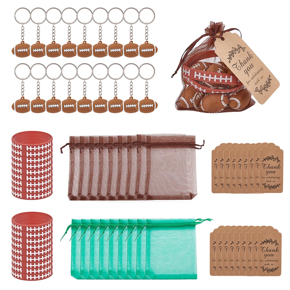 SUPERFINDINGS 18 Set Football Party Favors Set with Rugby PVC Plastic Keychain Silicone Rugby Pattern Cord Bracelet Paper Thank You Tags Organza Drawstring Bags