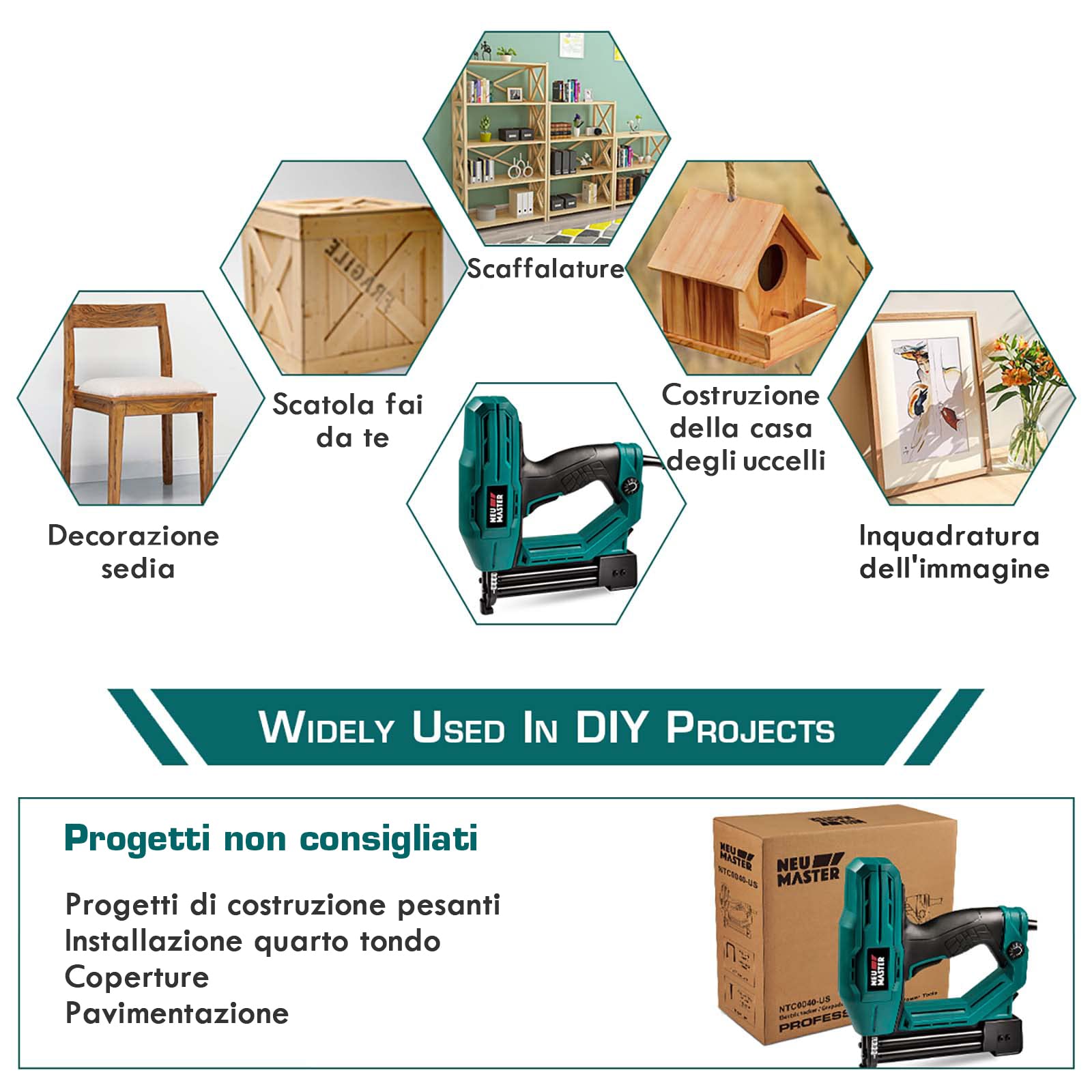 Sparachiodi Elettrica - NEU MASTER Graffettatrice con 200 Graffe e 800 punti Chiodi, Preselezione Elettronica della forza di impatto, Naso di sicurezza,cavo di Alimentazione extra lungo 2 m