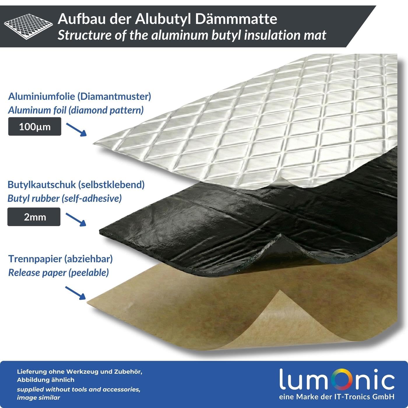 Lumonic Alubutyl 2mm Dämmmatte 2m² | Schalldämmung, Schallschutz für KFZ | 50x400cm Selbstklebend | Anti Dröhn Matte | 100% Butyl kein Bitumen | Geruchsneutral