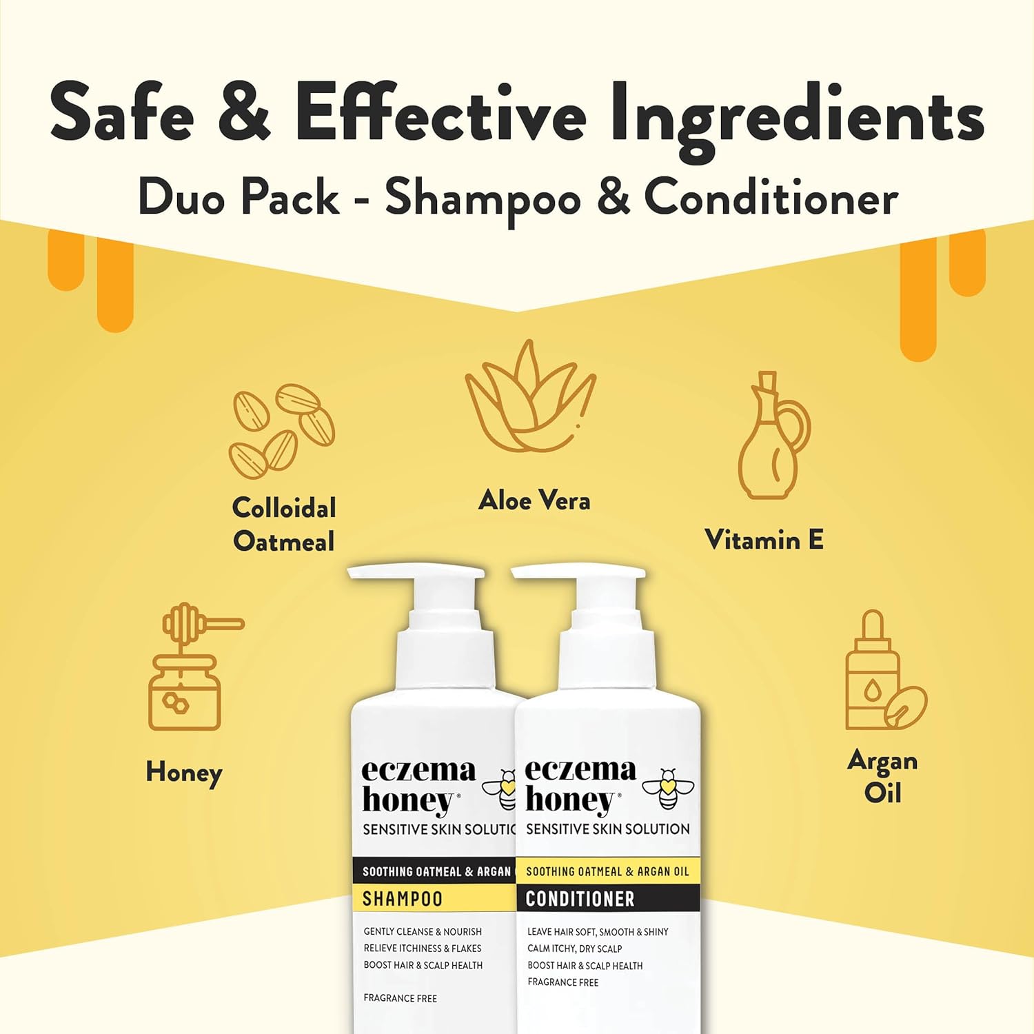 ECZEMA HONEY Nourishing Duo Bundle - Shampoo & Conditioner - Daily Dandruff & Scalp Care for Psoriasis, Dermatitis, Flaking, & Itchy Scalp - For Men, Women, & Kids