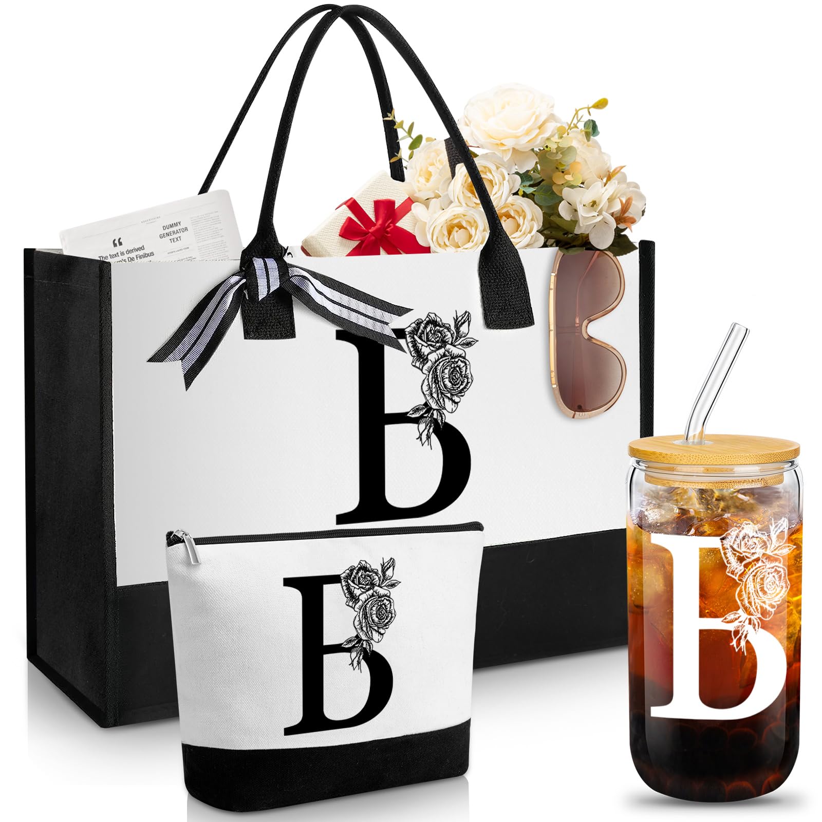 Aliceset Birthday Gifts for Women, Initial Canvas Tote Bag, 16oz Initial Glass Cup, Makeup Bag with Zipper Handbags & Wallets for Mom Sister Friends