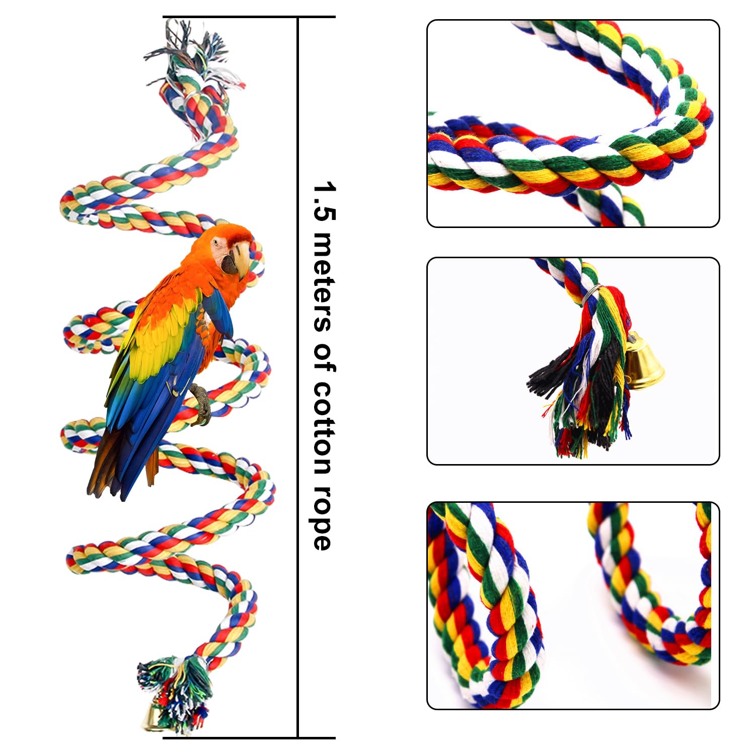 HOMURY 2 Paquetes Juguetes de Pájaro: 150cm Espiral Cuerda Columpio de algodón Cuerda para Escalar de PáJaros, 18 cm de diámetro Pájaro Colgante Perchas de Anillo para Loros, Juguetes para Loros