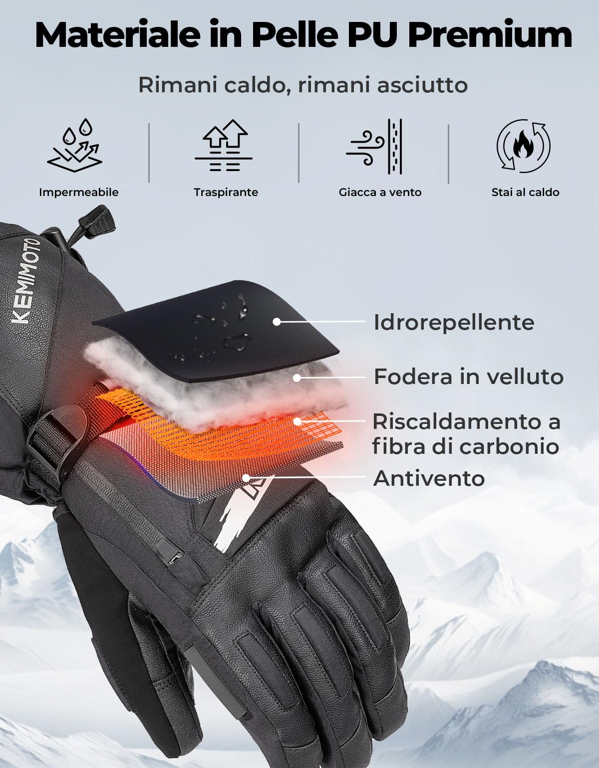 KEMIMOTO Guanti Riscaldati Uomo Donna con Protezione in EVA, Ricaricabili Guanti Invernali Termici da Sci con 7.4v 2500 mAh, Adatti da -20°C a -5°C, Ideali per Motoslitta Escursionismo Ciclismo