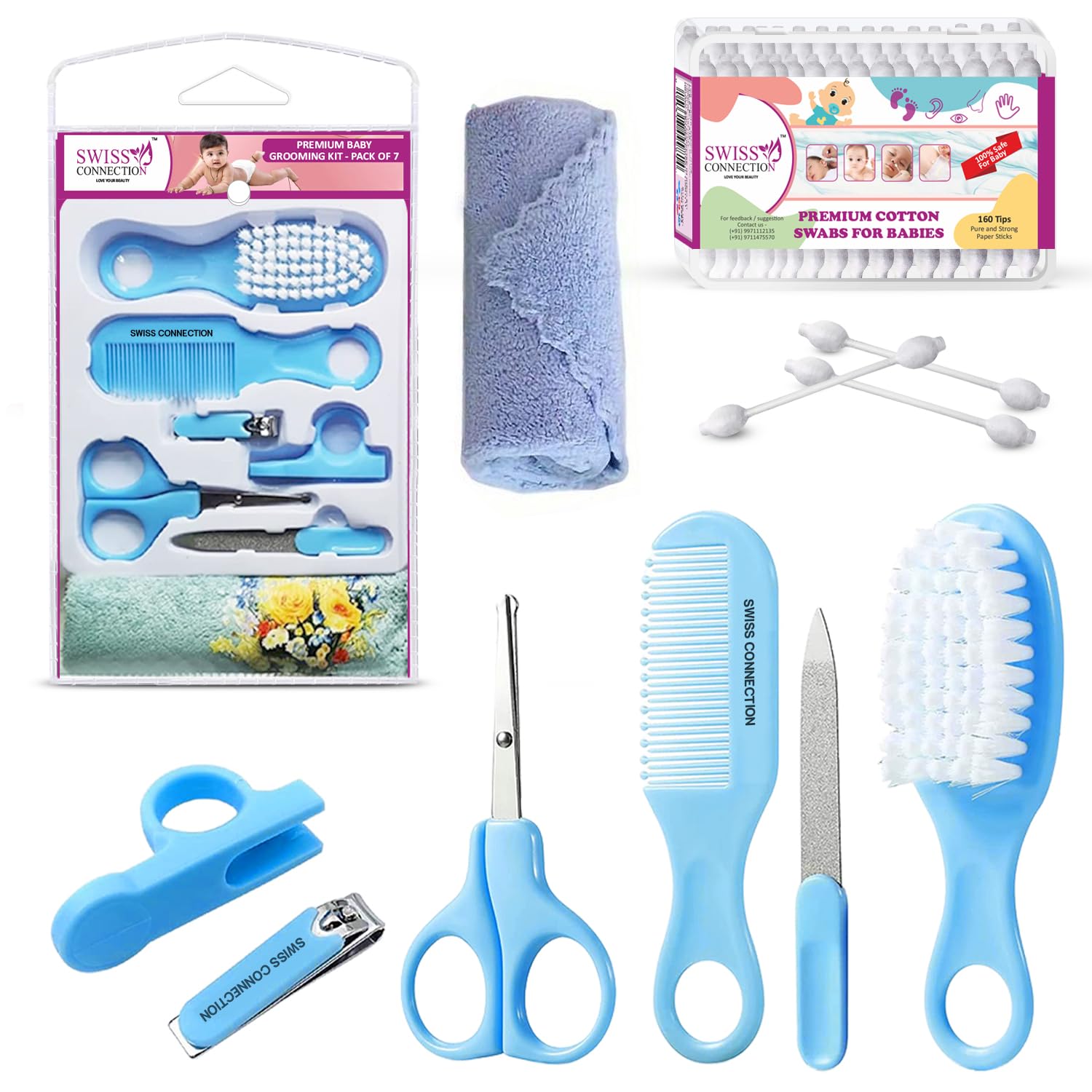 Swiss Connection Baby Grooming Care Kit-Hair Brush-Comb,Nail Filer & Nail Clipper-Soft Baby Towel-Safe Compact ||Baby Cotton Swabs-Made of Pure-Soft Cotton Use-Navel-Ears-Armpits, Things-(Pack of 8)-image-10