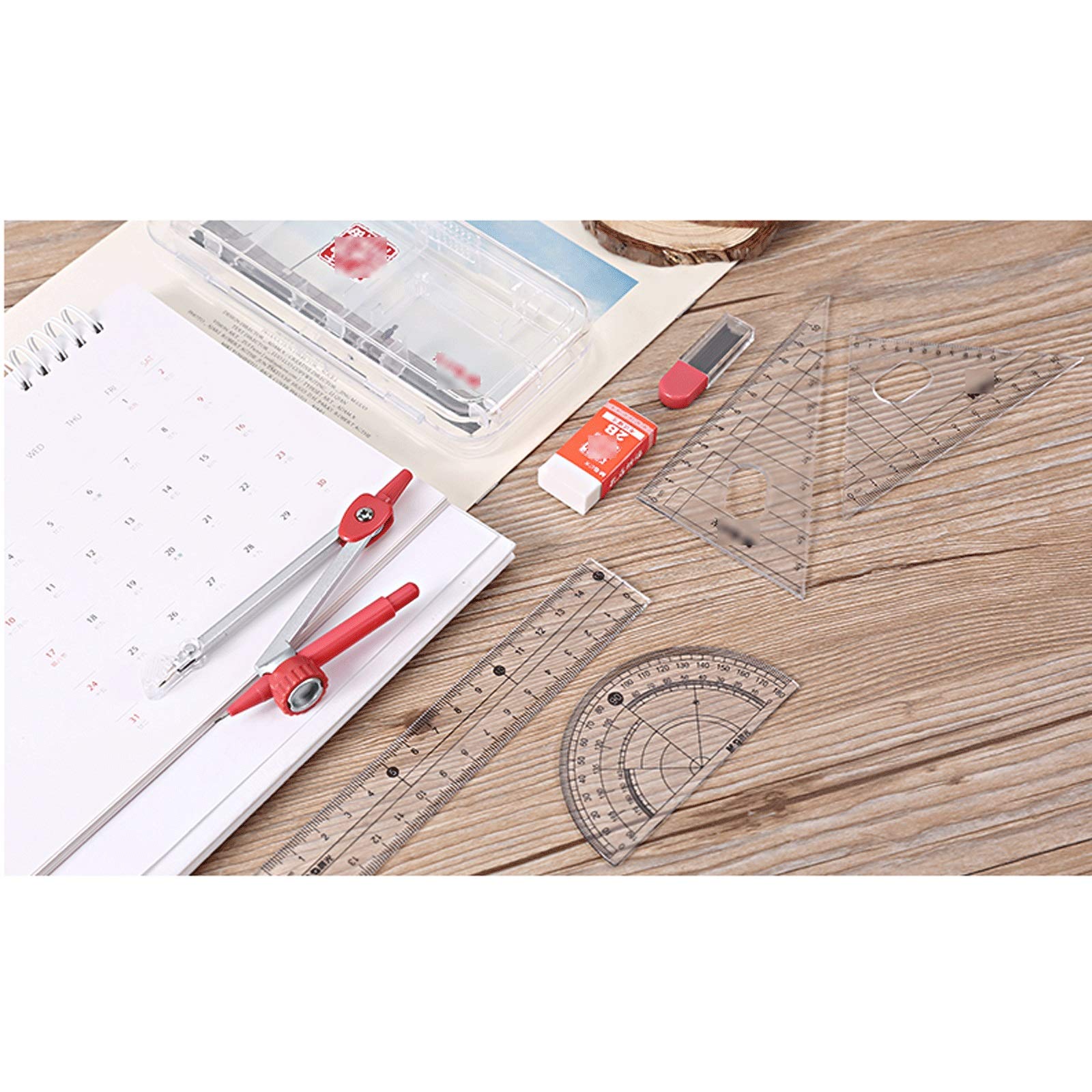Mathe-Set, Winkelmesser-Set, Metall-Zirkel-Set, for Schüler, Zeichenwerkzeuge und Zeichensets, Geometrie-Kurs-Set for Schüler, Kompass, Winkelmesser, Lineal, Bleistift, Minenkern, Radiergummi, 7-teili