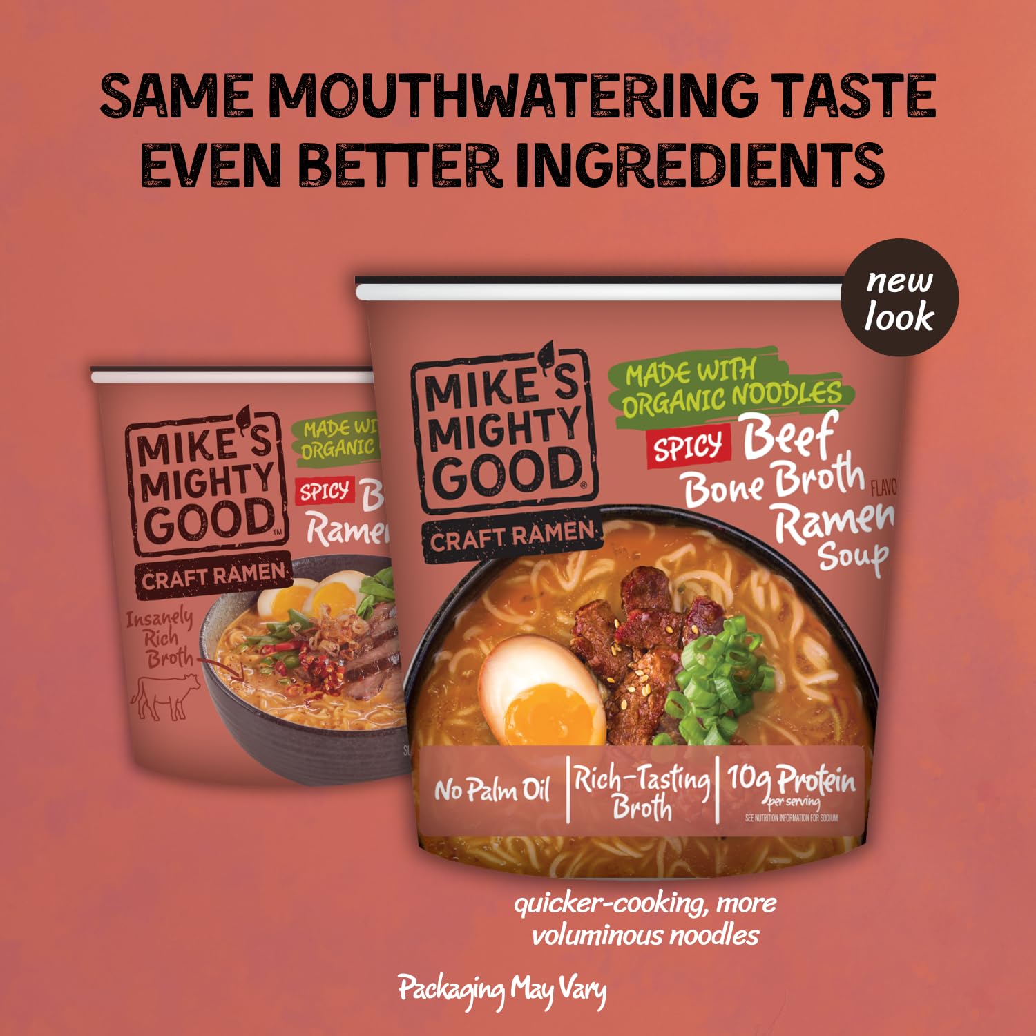 Mike’s Mighty Good Spicy Beef Bone Broth Ramen Cup (Pack of 6) – 10g Protein Instant Ramen Noodles – Organic Steamed, Non-GMO, Palm Oil-Free – Rich Tasting, No Artificial Flavors
