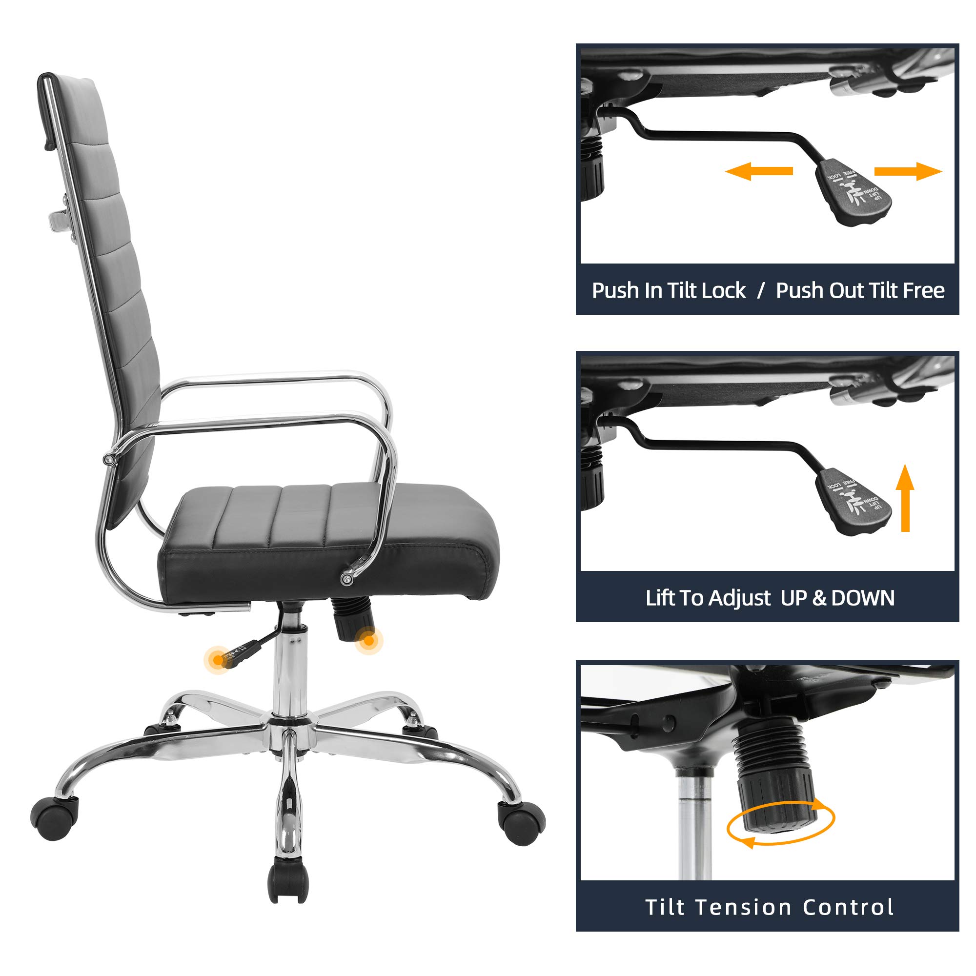 Silla de oficina para el hogar, de piel acanalada, con respaldo alto, giratoria, con ruedas y apoyabrazos, acolchado suave, altura ajustable, moderna, para conferencias, color negro 3