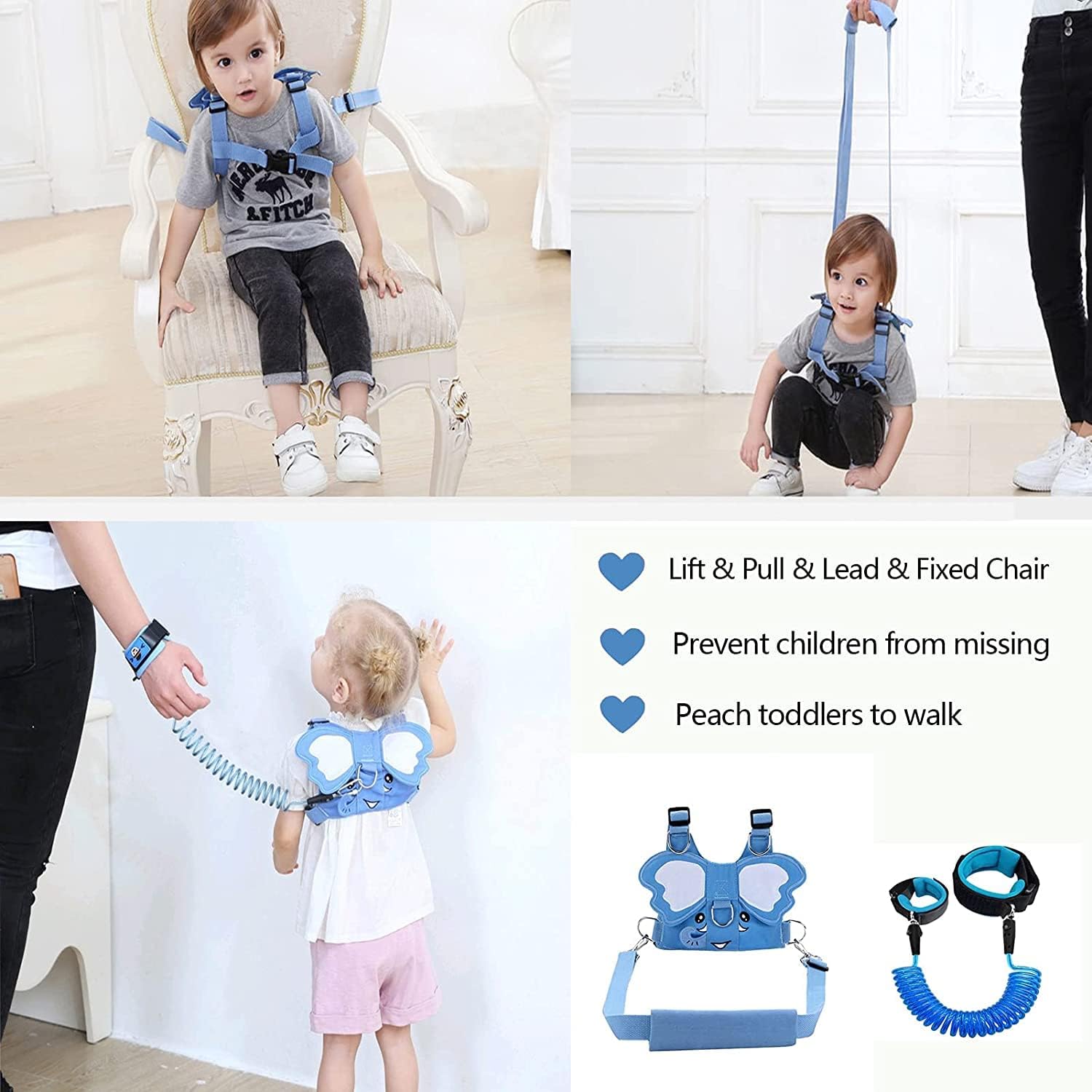 Laisse 3 en 1 pour enfant - Motif éléphant - Anti-perte - Avec poignet de sécurité - Harnais de course pour enfants - Laisse pour enfant avec cadenas de sécurité