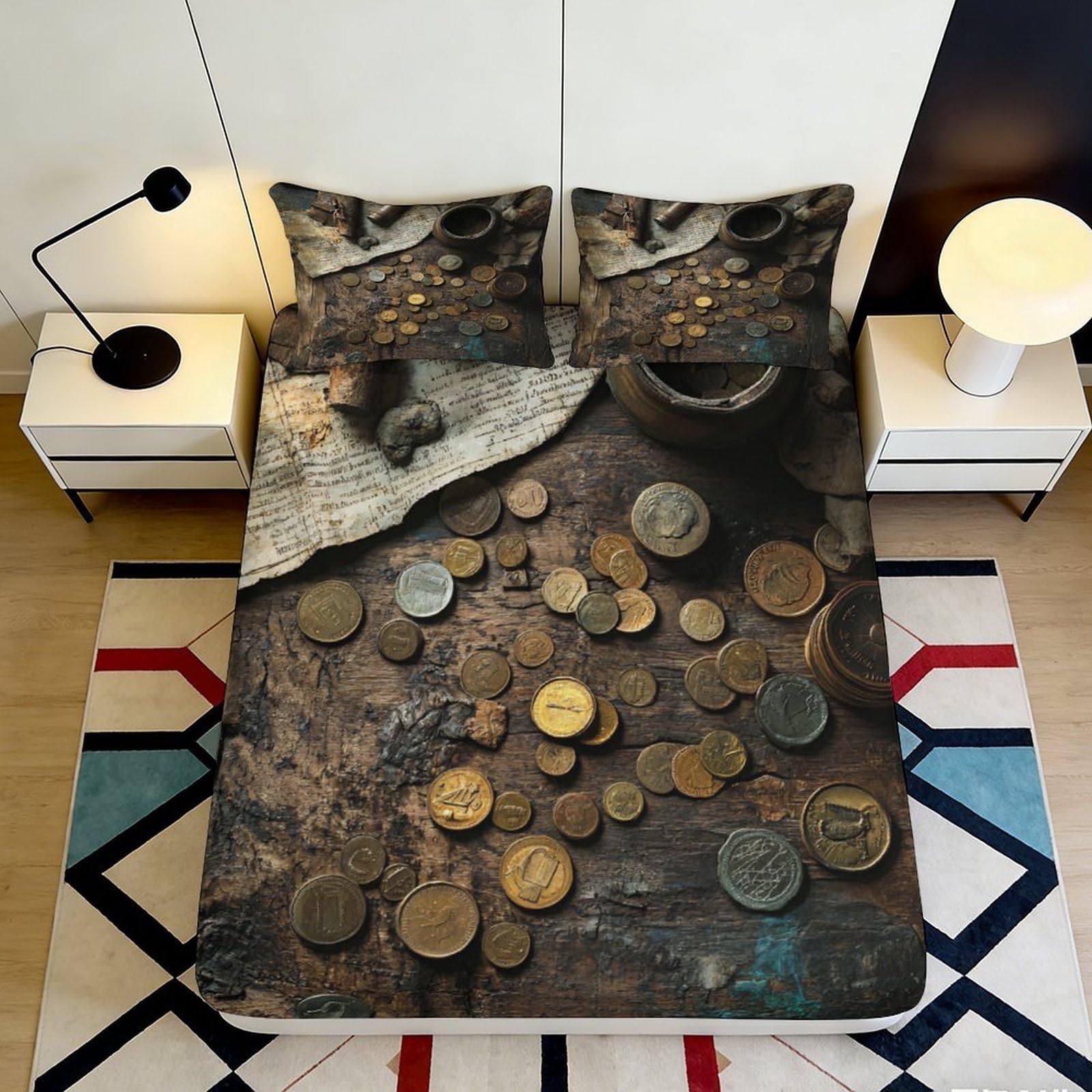 3D Printed Vintage Treasure Coins Fitted Sheet Microfiber Soft Non-slip Bed Sheet Bedroom Decor Mattress Cover 90x200x25cm