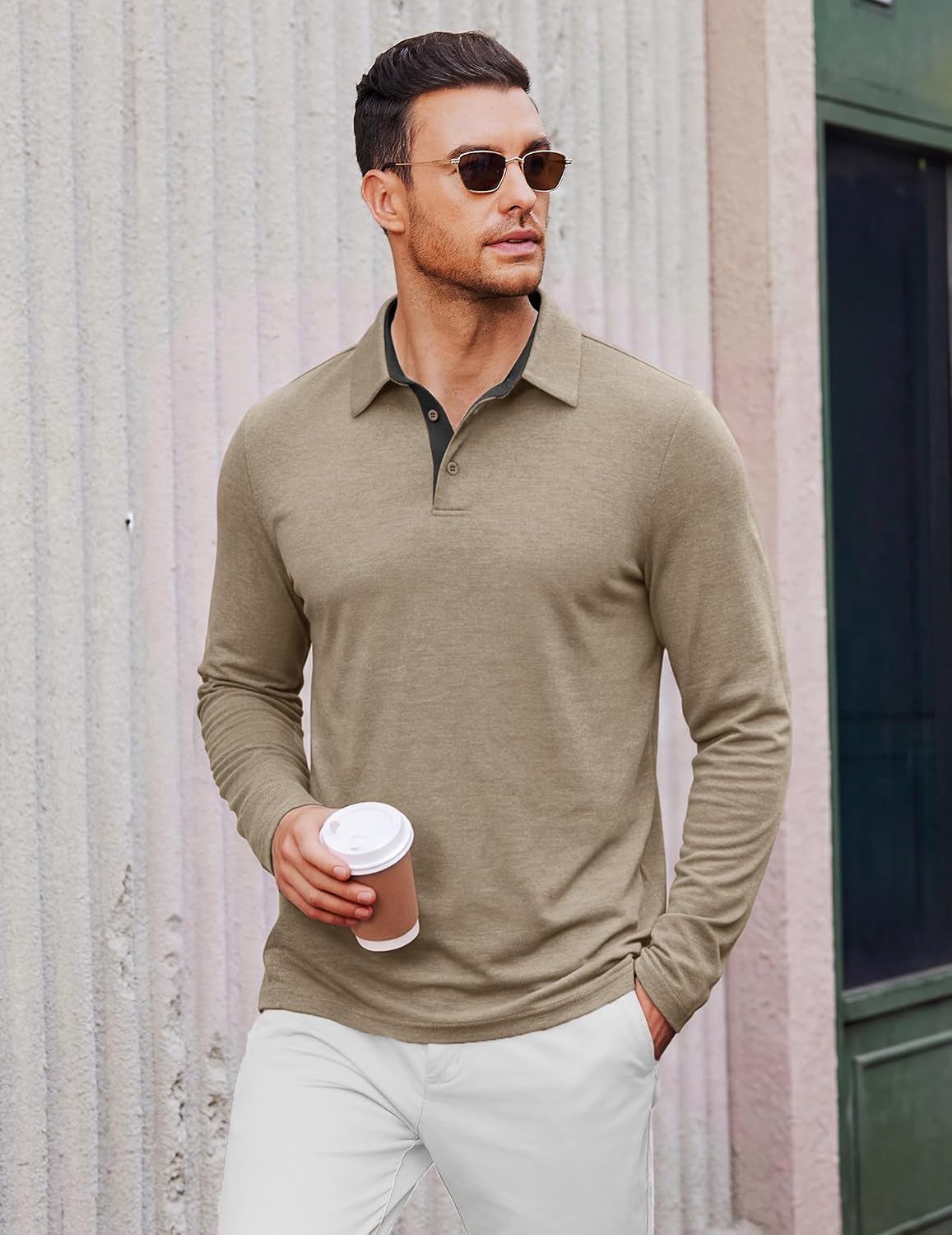 COOFANDY Mens Long Sleeve Polo Shirts Button Casual Tee Collared Work Pullover Shirts