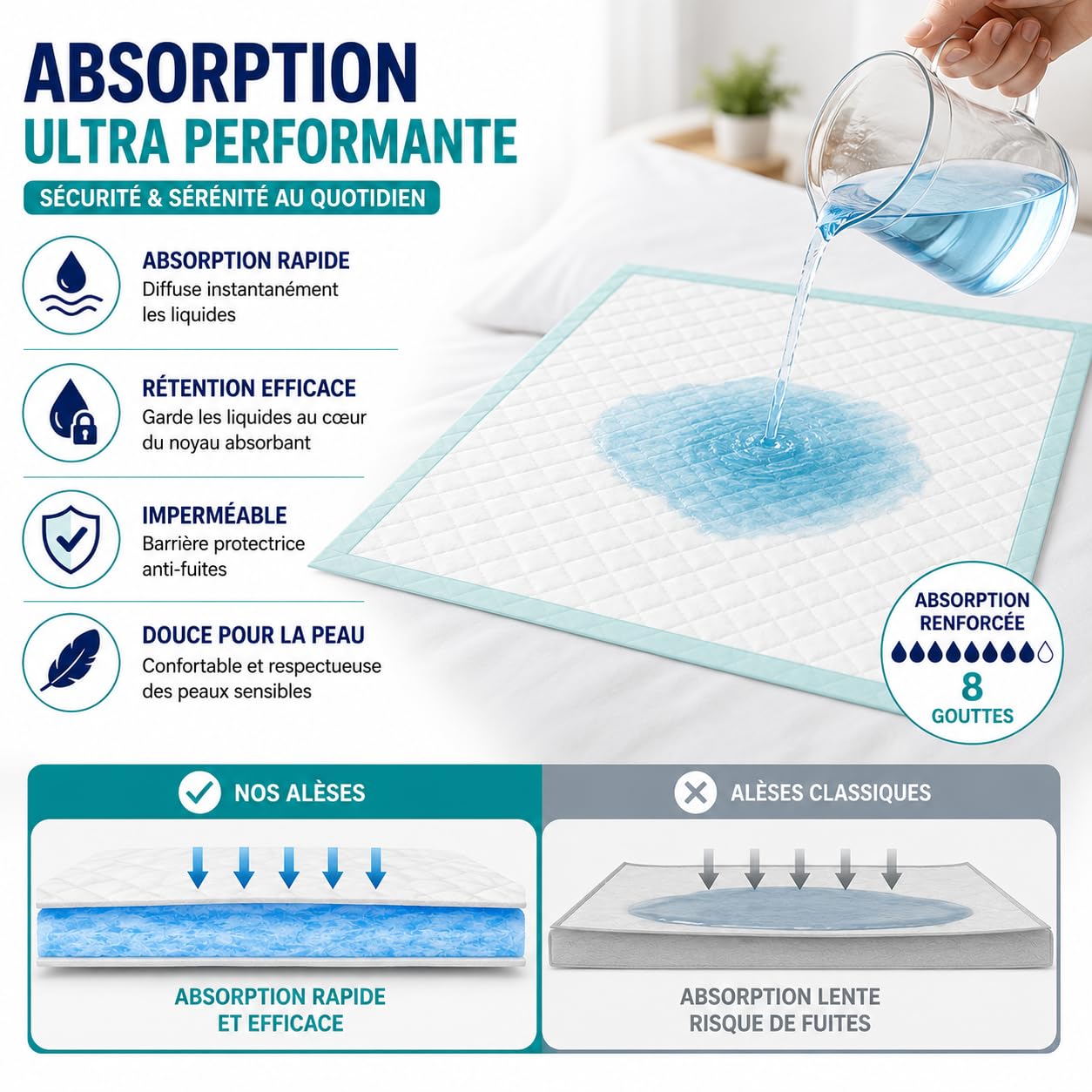 Alèse Jetable Ultra-Absorbante pour Incontinence (60x90 cm) – Imperméable, Hypoallergénique et Douce – Protection pour Lits, Fauteuils et Chaises – Pack de 120 – Le Pro du Médical