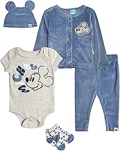 Disney Mickey Mouse Baby Boy Going Home Outfit Set - 5 Piece Onesie, Corduroy Shirt, Pants, Beanie Hat, and Socks (0-9M)