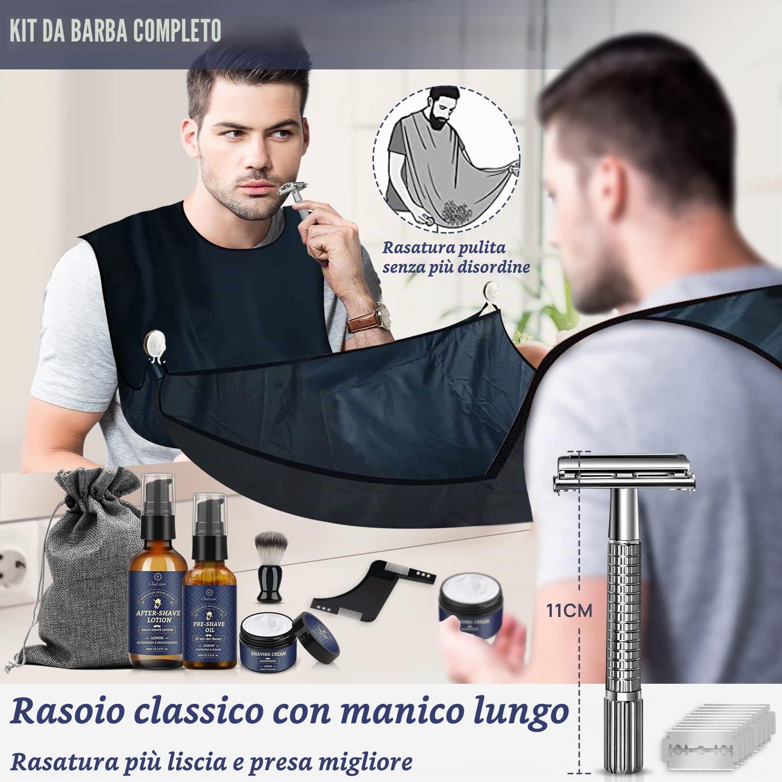 Kit Barba per Uomo, Set Regalo Cura Della Barba Completo Professionale per Lui Papà - Set Rasatura con Olio Barba, Schiuma, Dopobarba, Pennello da Barba, Rasoio Sicurezza, Lametta, Pettine e Grembiule