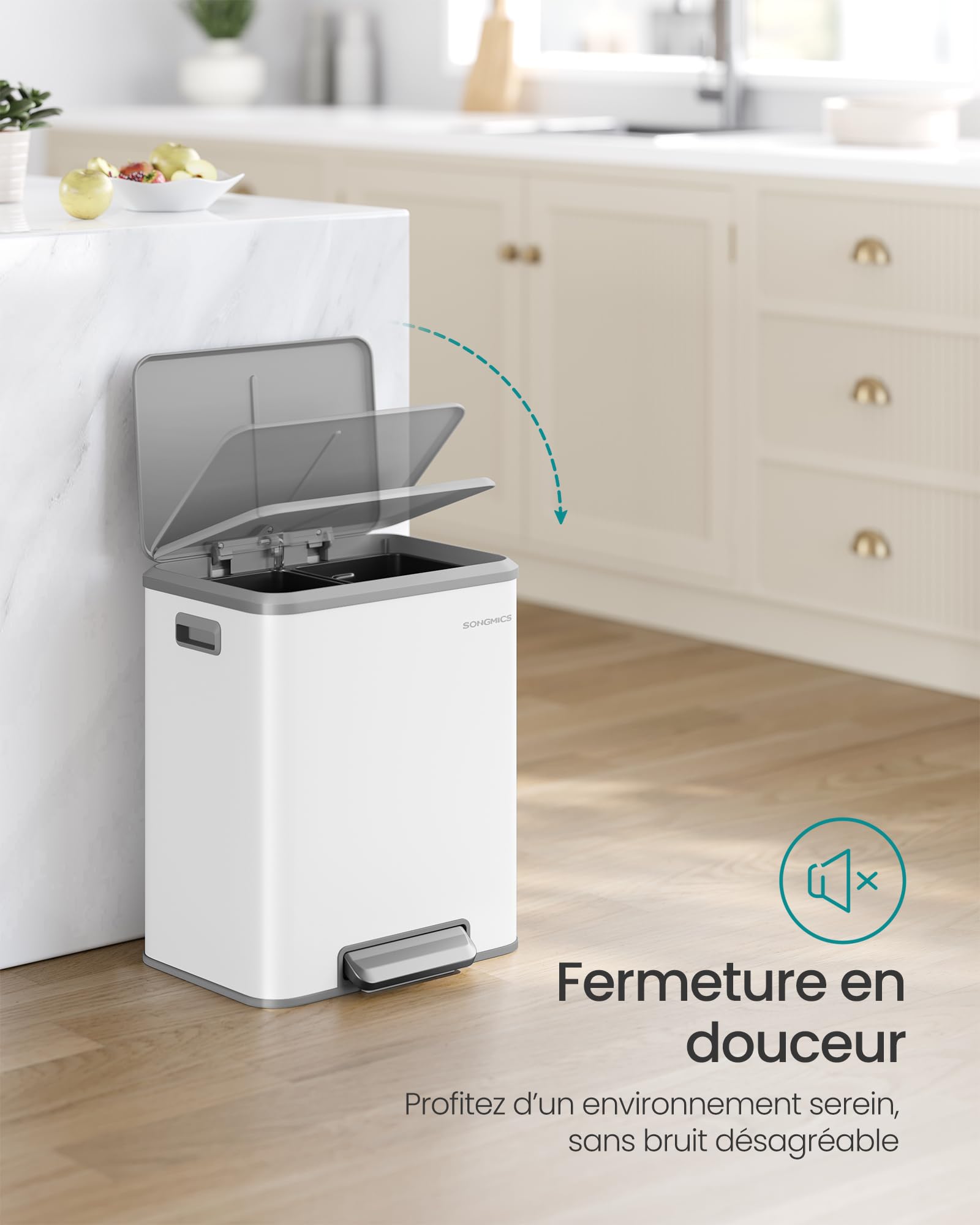 SONGMICS Poubelle de Cuisine, 2 x 15 L Poubelle Double pour le Recyclage et les Déchets Ménagers, Seaux Intérieurs, Acier, Fermeture Douce, Pédale, Blanc Nuage LTB544W02