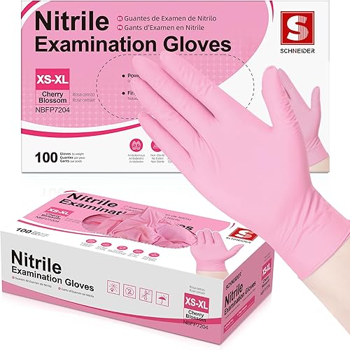 Schneider - Guantes desechables de nitrilo de 4 mil, color rosa, libres de látex y polvo, guantes para cocinar, limpiar y examinar