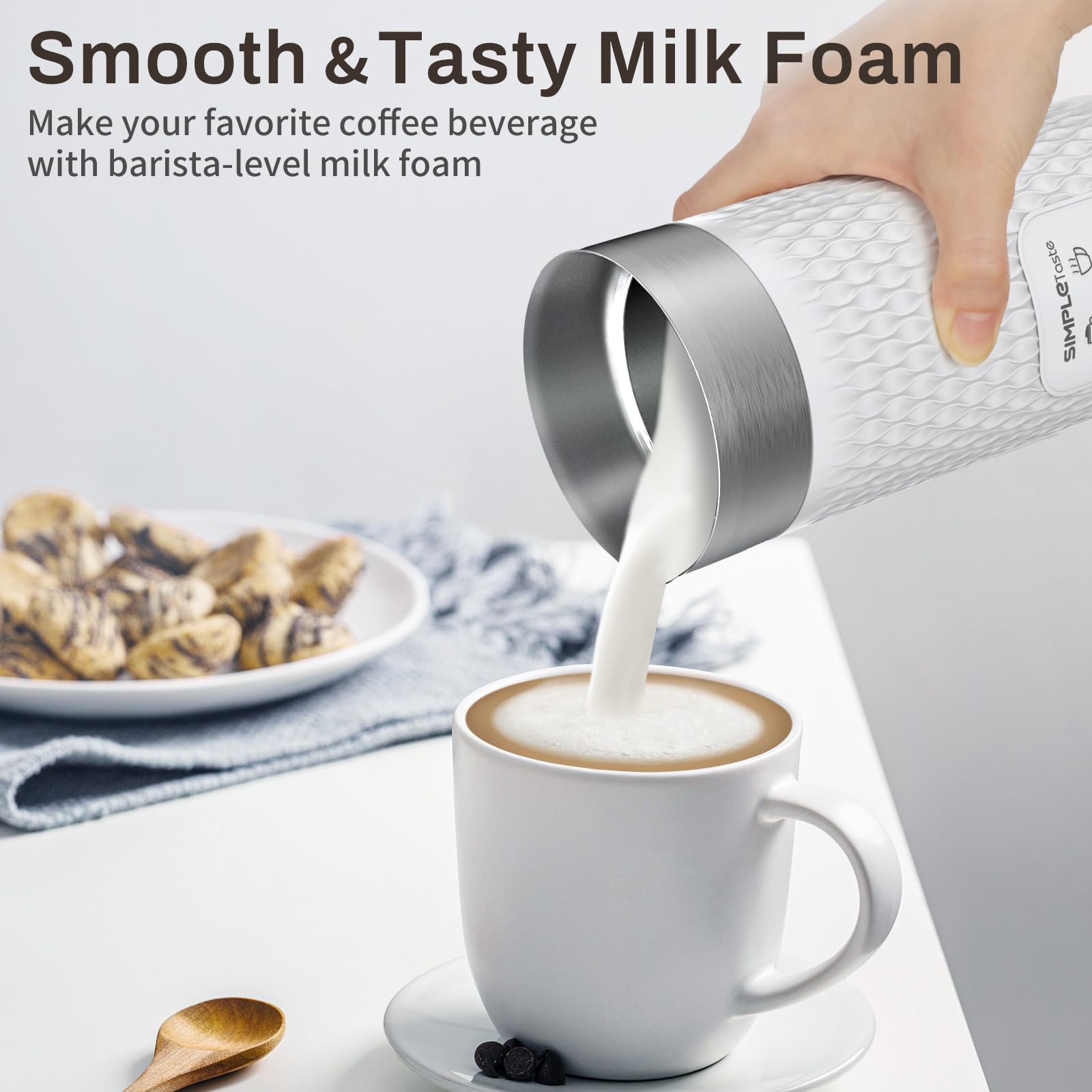 SIMPLETASTE Montalatte Elettrico 4 in 1, Cappuccinatore Elettrico per Schiumare Latte Caldo e Freddo, Riscaldare Latte e Preparare Cioccolata Calda, Ideale per Fare Latte, Macchiato e Cappuccino