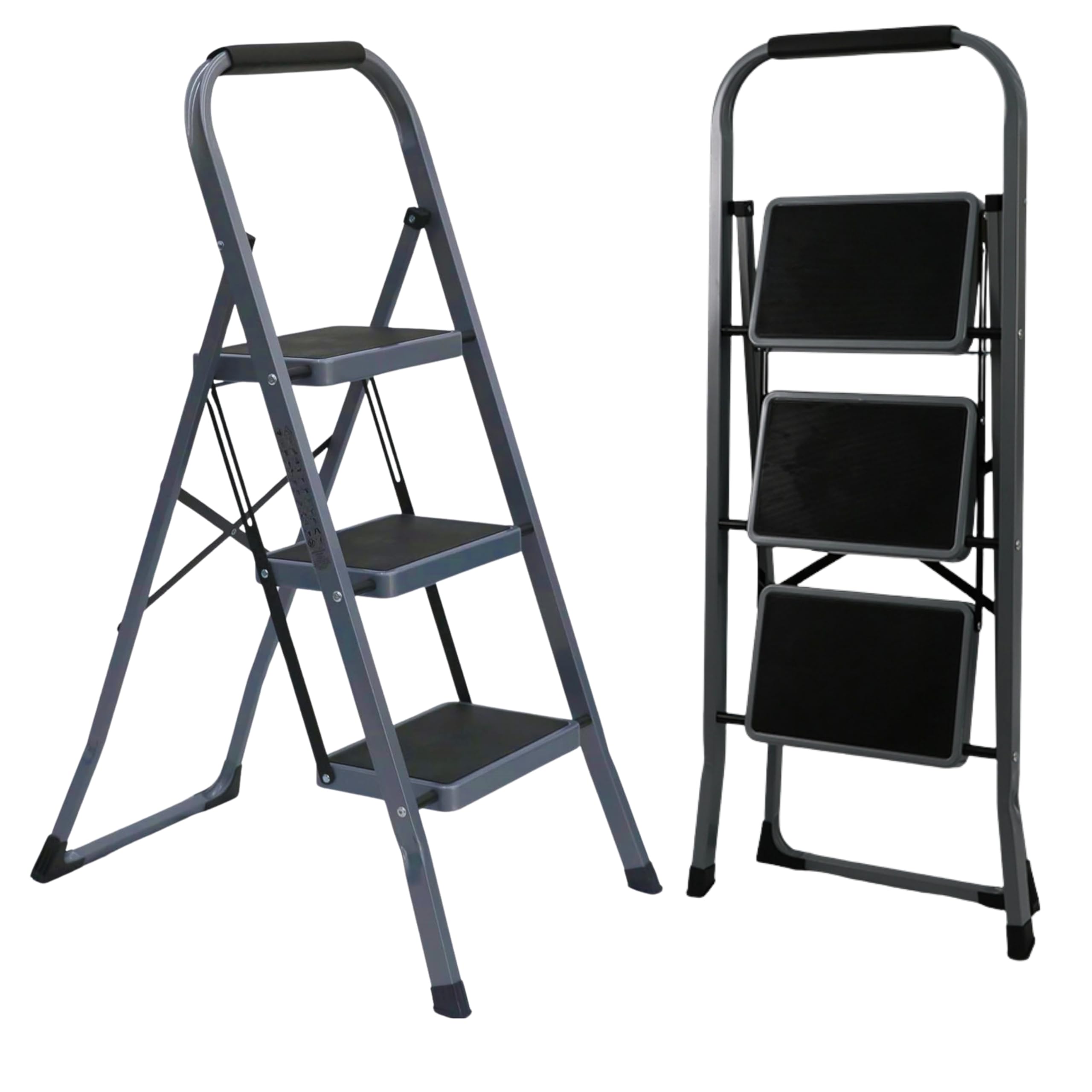 Escalera Plegable de Aluminio para hogar y Cocina, 3 peldaños, Gris, peldaños Anchos Antideslizantes, asa de Agarre cómodo, EN 131