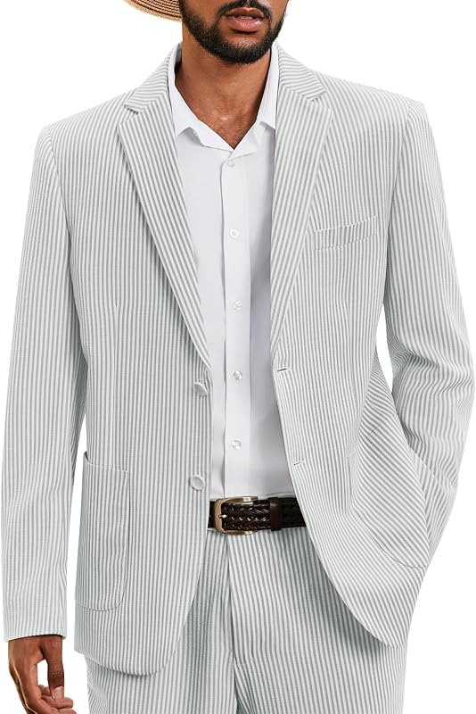 WEEN CHARM Men’s Seersucker Suit 2 Piece Pinstripe Lightweight Suits for Summer Beach Wedding, Kentucky Derby