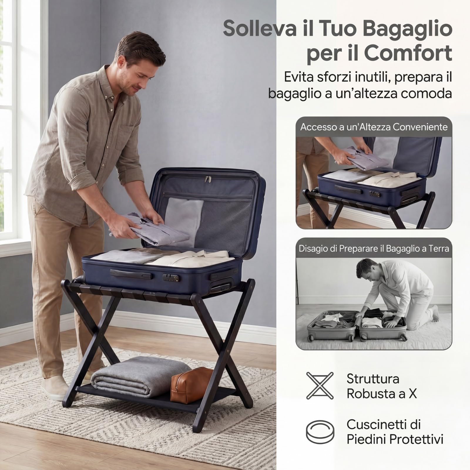 GYMAX Portavaligia Pieghevole, Portabagagli a 2 Ripiani da Camera con Struttura in Legno e 5 Cinghie di Nylon, Resistente all'Usura, Portapacchi per Hotel, Portata 60 kg, 67 x 46 x 52 cm (Nero)