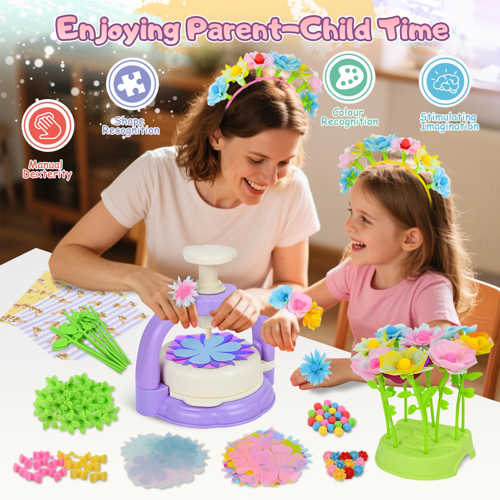 HERMORRYSS Kit di Fiori Creativo per Bambini, Il Laboratorio dei Fiori, DIY Kit Composizione Bouquet, Set Creativo per Mazzi di Fioris con Pressa, Regalo Giocattoli Creativo per Bambina 4+ (Viola)