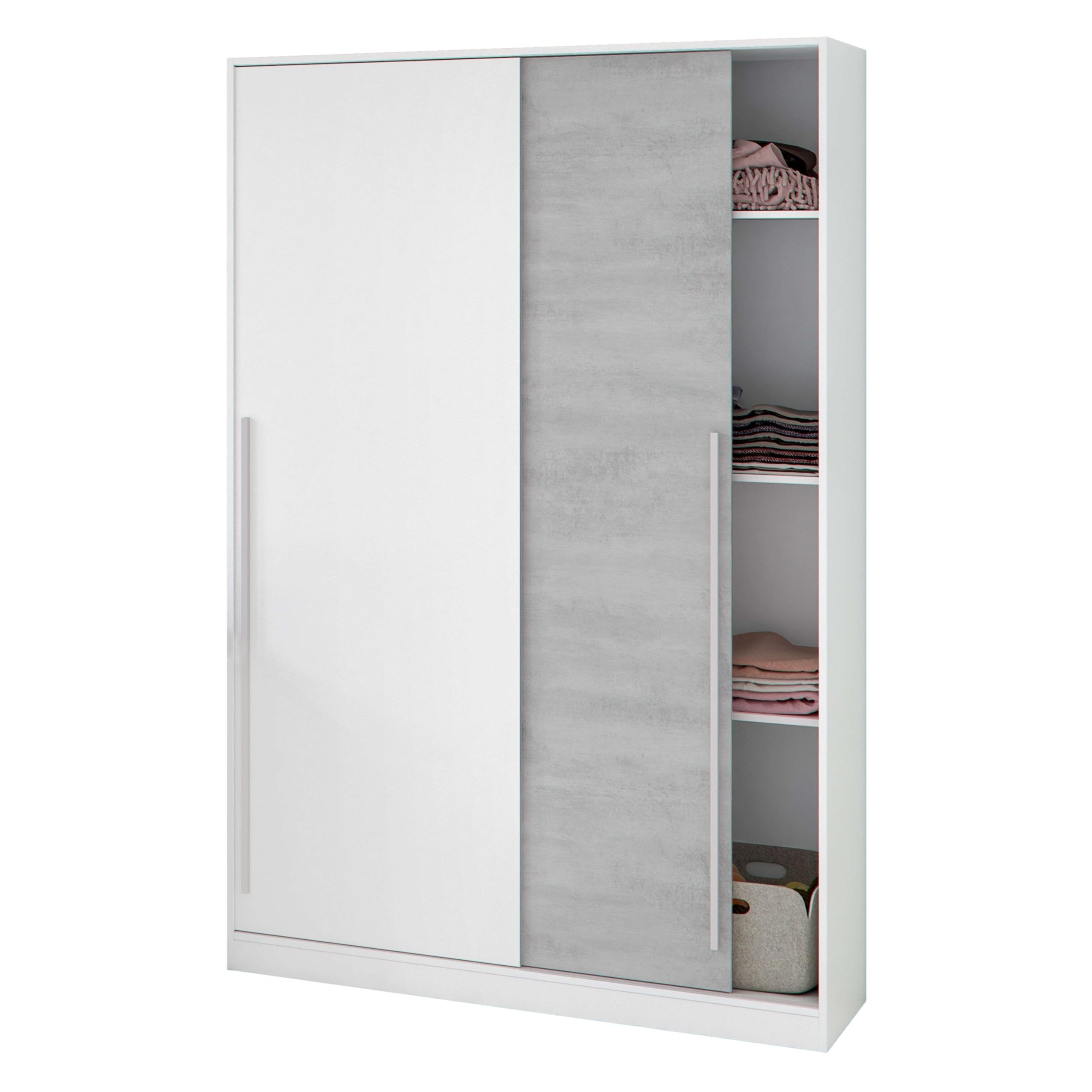 Habitdesign Armario 2 Puertas Correderas con Estantes y Barra, 200x120x50 (AltoxAnchoxFondo - en cm), Color Blanco Artik y Cemento, Modelo Indira