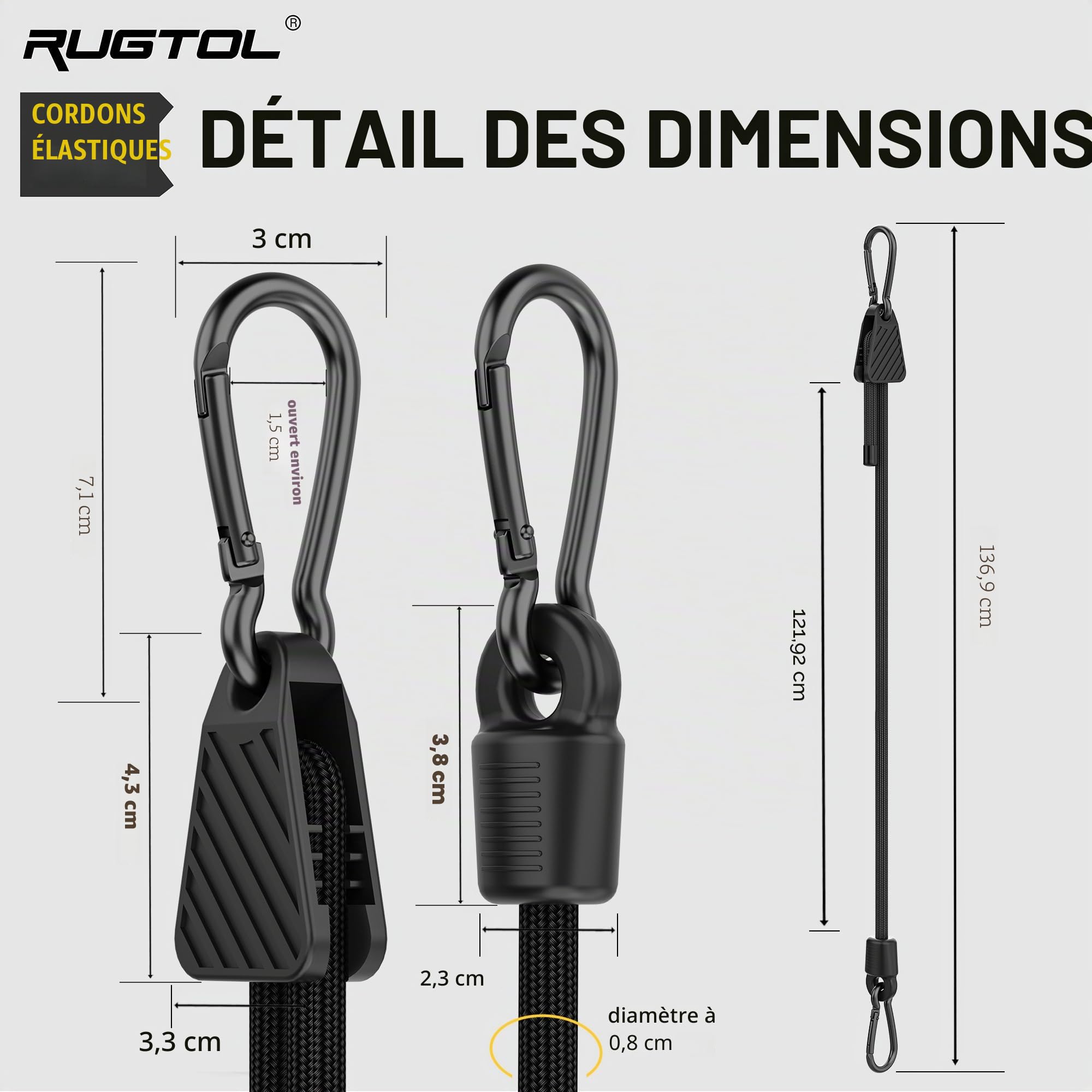 Réglables Tendeurs Élastiques avec Mousqueton, 6 Pcs 100% Latex Tendeur Élastique Robuste 120CM, Résistant aux Rayons UV Sandow Elastique avec Crochets pour Camping, Bâches, Tentes, Bagages, Moto