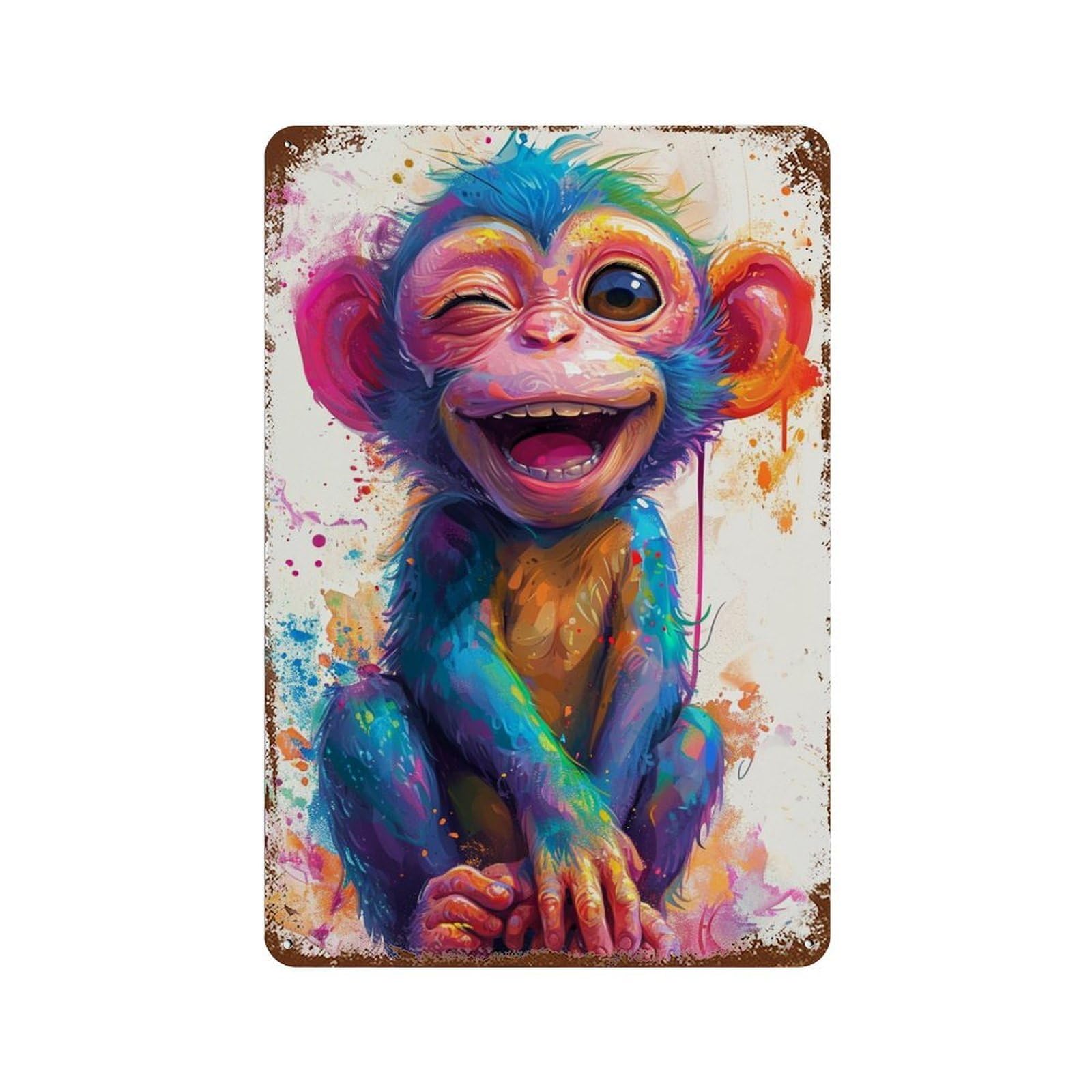 Colorful Monkey Painting Artwork-1 Rustic Tin Plaque 11.8"x7.9", Classic Wall Plaque for Garage, Pub Or Kitchen