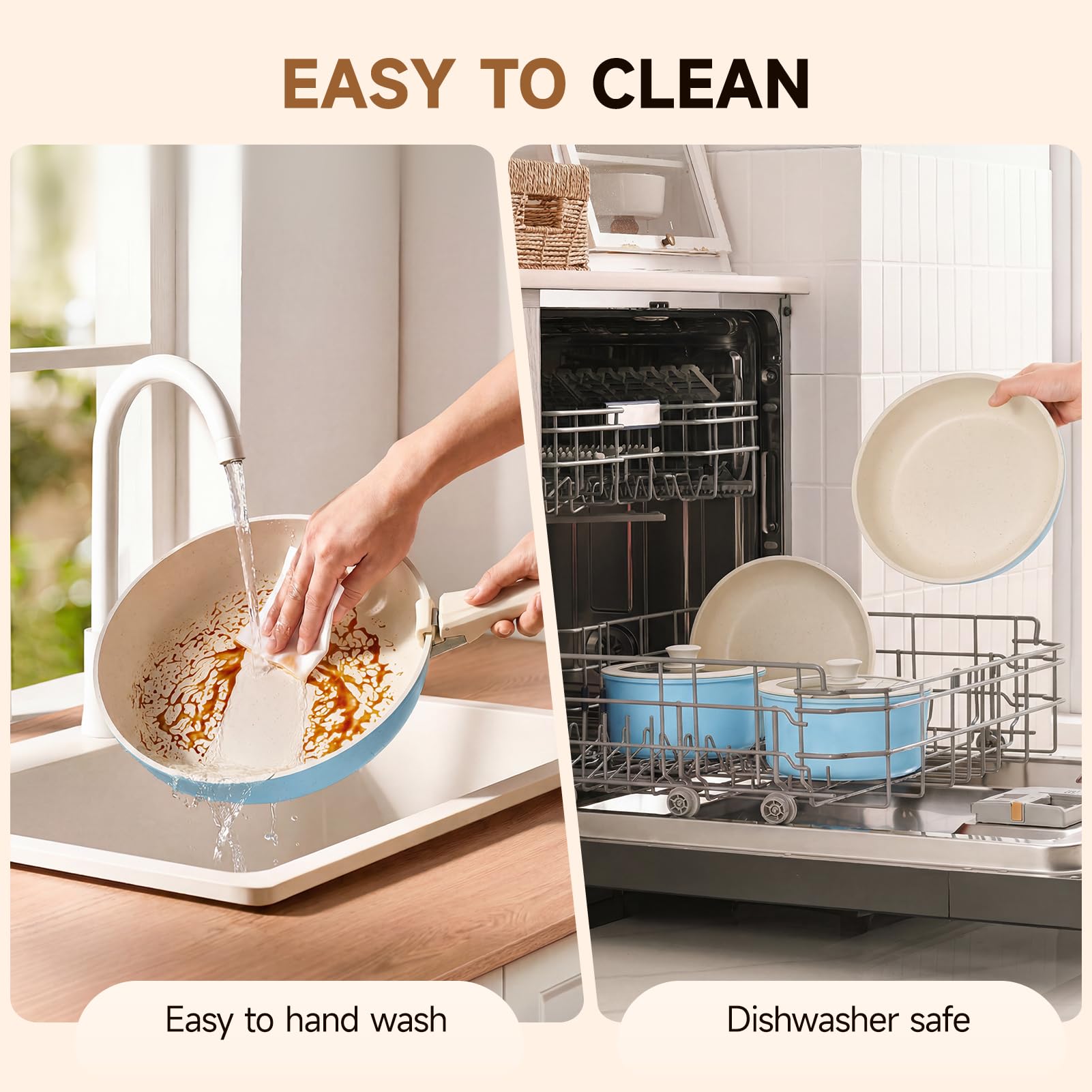 Warmiehomy Set di pentole e padelle antiaderenti da 17 pezzi, con coperchio, manico rimovibile, set di piani cottura a induzione in alluminio, per camper, forno e forno, blu