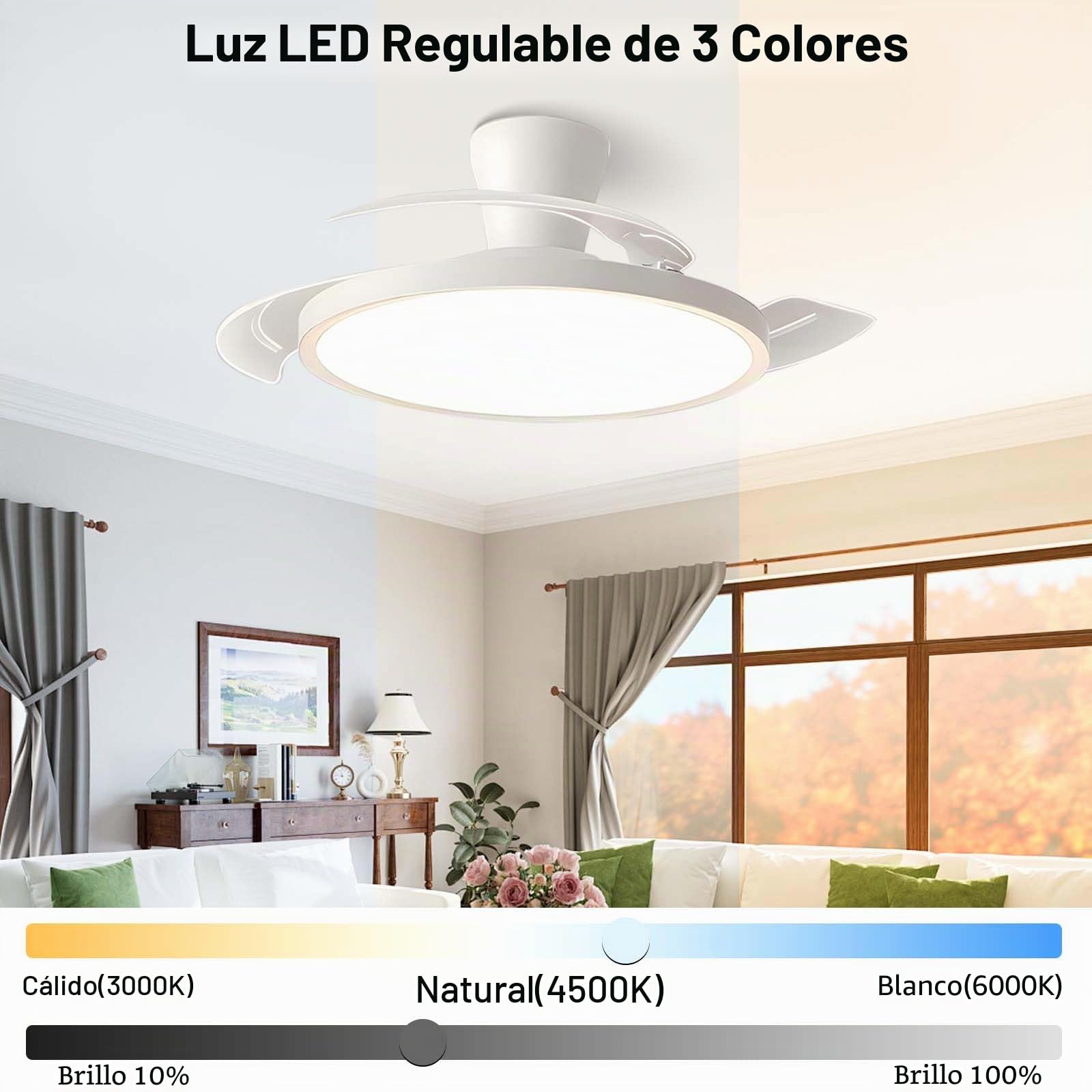 Ventilador de Techo con Luz y Aspas Retráctiles Reversible | Inteligente Ventilador Techo y Mando a Distancia Silencioso Regulable Lampara de Techo Ventilador 6 Velocidades Dormitorio