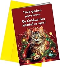 Christmas Card, Thank goodness you're home, Cards for Women Men – Cat in Tree Xmas Happy Christmas Card for him and her – Dad Mum Brother Sister Auntie Uncle Daughter holiday card #1766