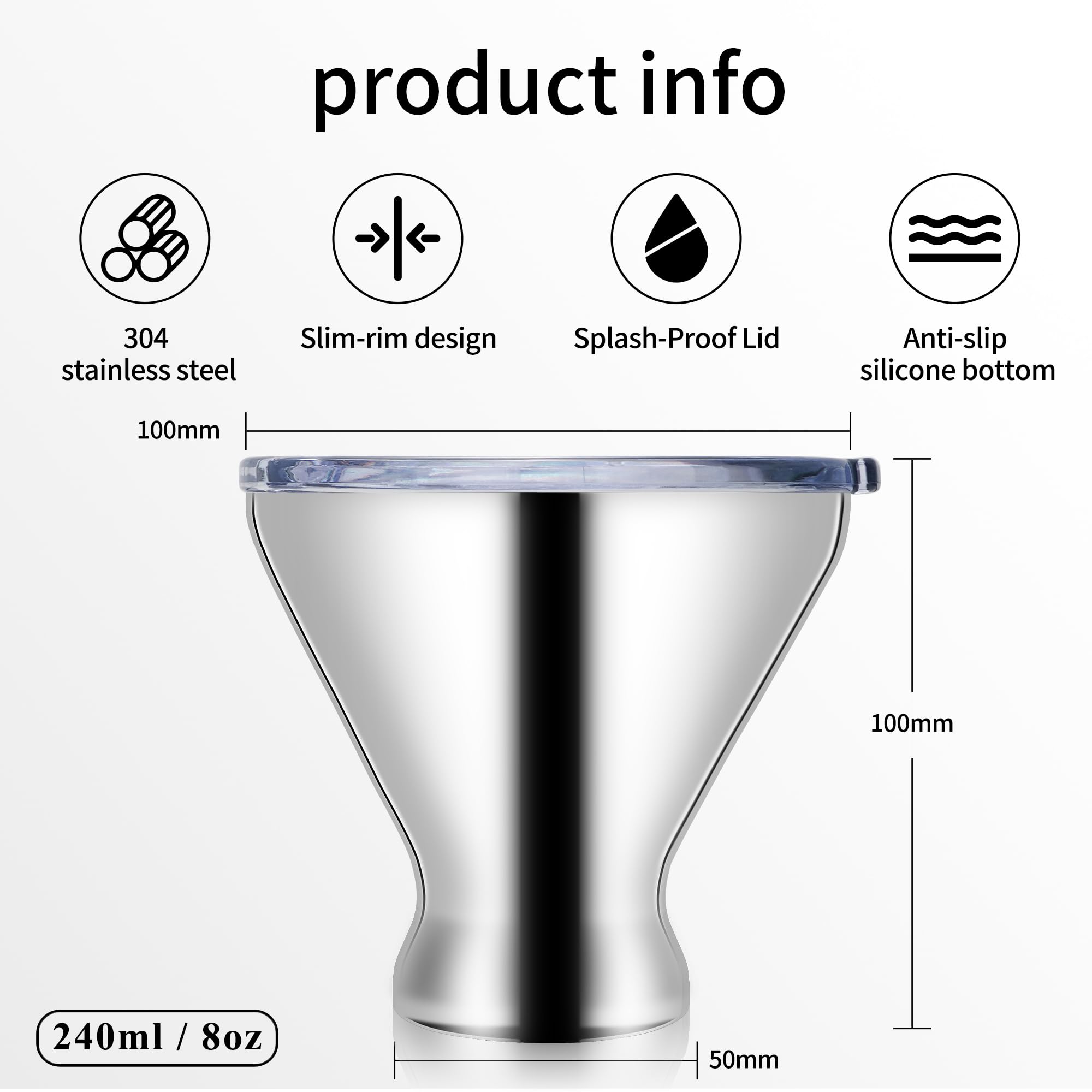 Bicchieri da Martini in acciaio inox con coperchio, a doppia parete, isolati sottovuoto, senza stelo, bicchieri da cocktail con cannuccia, set da 6, 295 ml, argento