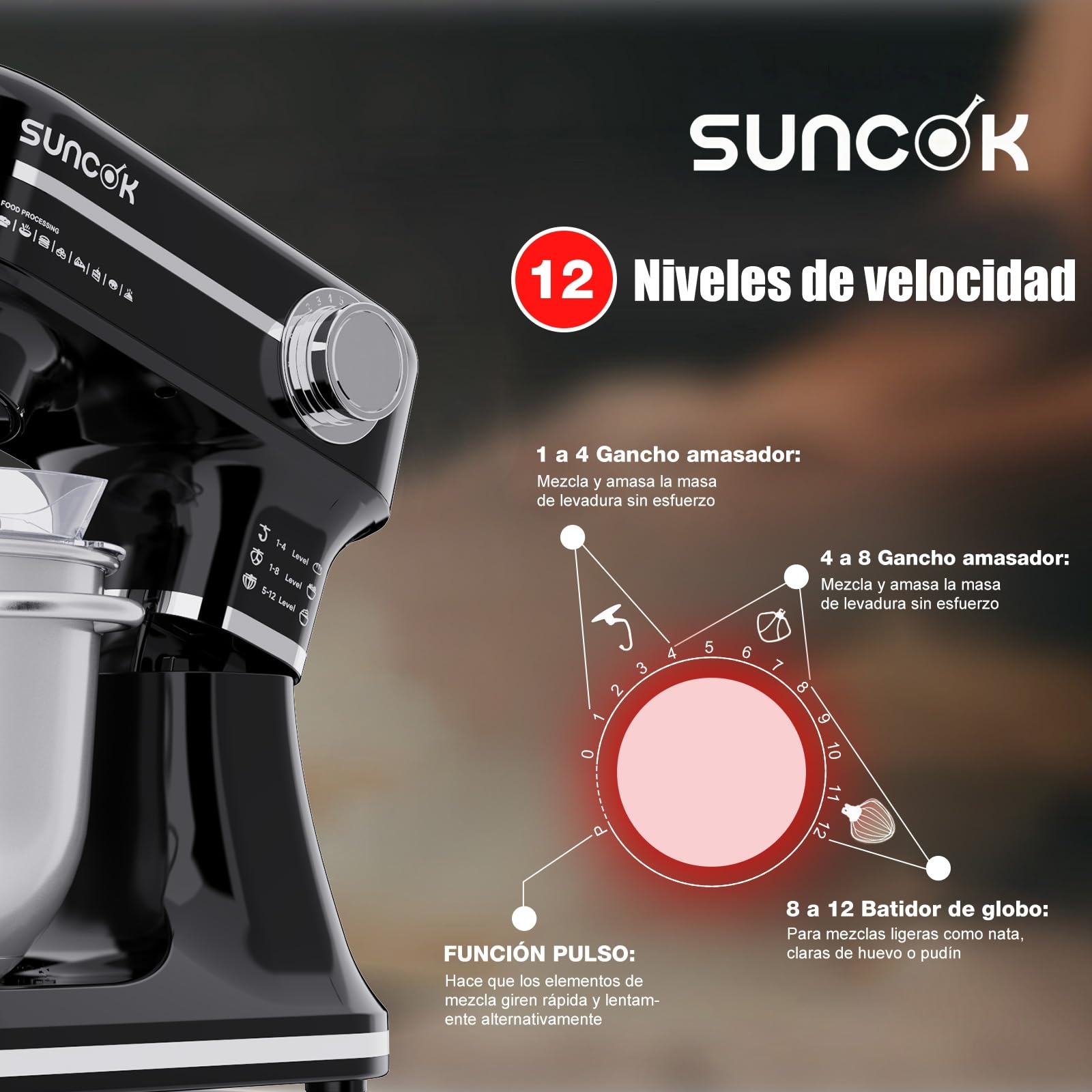 Batidora Amasadora 1500W, 2 Cubetas de Acero Inoxidable (4,5L/5,5L), 12 Velocidades, Fermentación/Calentamiento, Báscula, Temporizador, Bajo Ruido, 3 Accesorios de Mezcla (B03B, B03B-negro)
