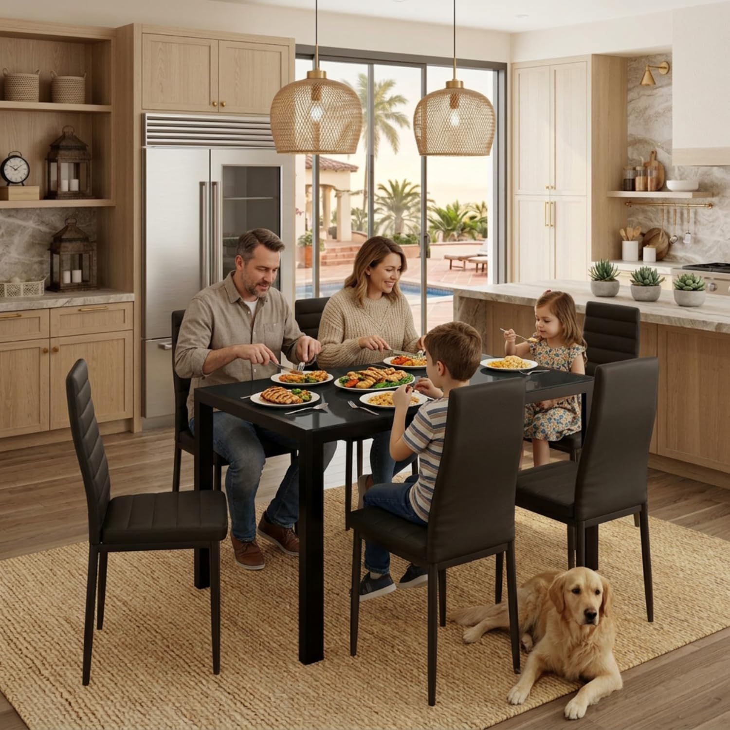 Gizoon Glass Dining Table Sets for 6, 7 Piece Kitchen Table and Chairs Set for 6 Person, PU Leather Modern Dining Room Sets for Home, Kitchen, Living Room