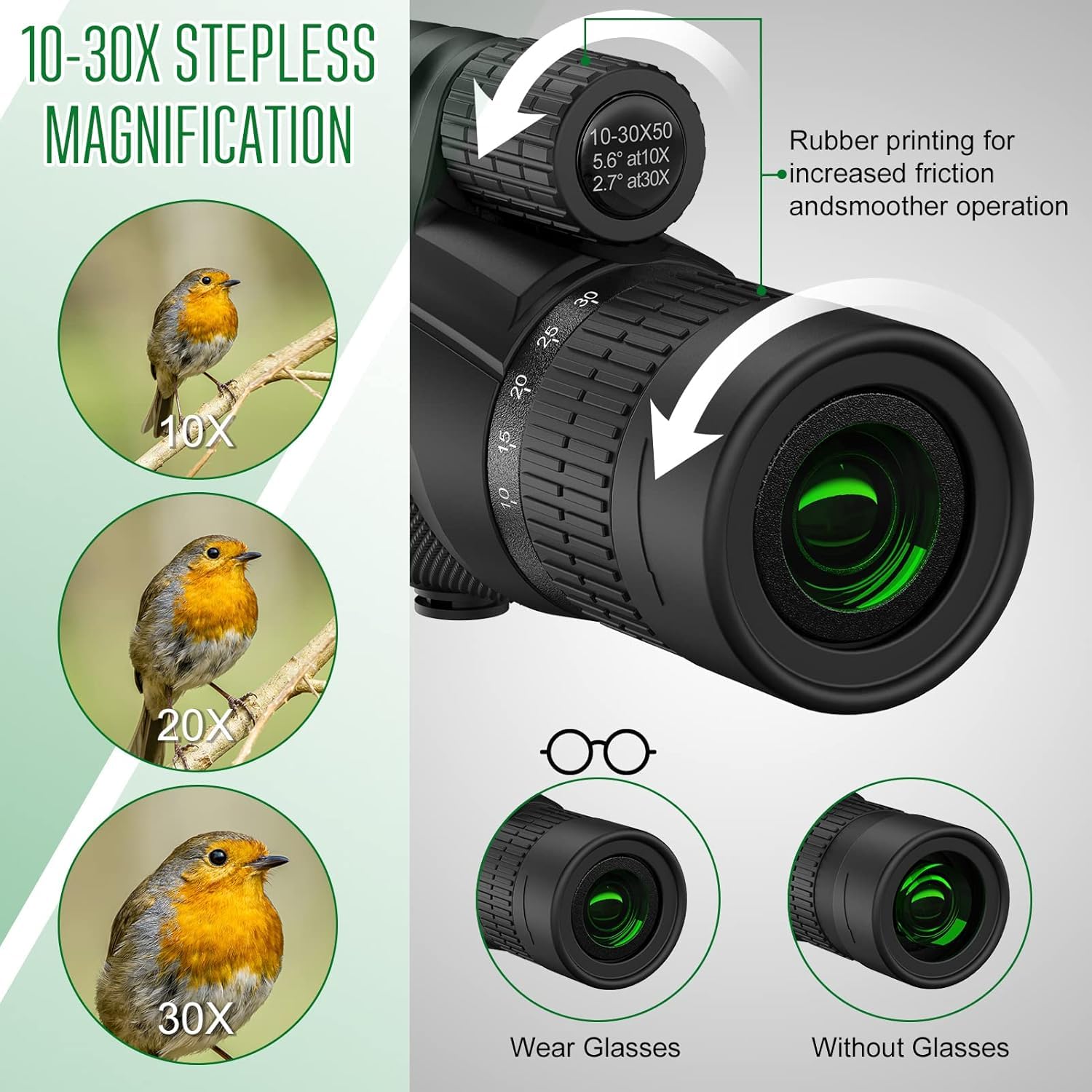 Télescope monoculaire HD 10-30 x 50 HD avec support pour smartphone et trépied, monoculaire étanche pour téléphone portable pour l'observation des animaux sauvages, l'observation des oiseaux, la