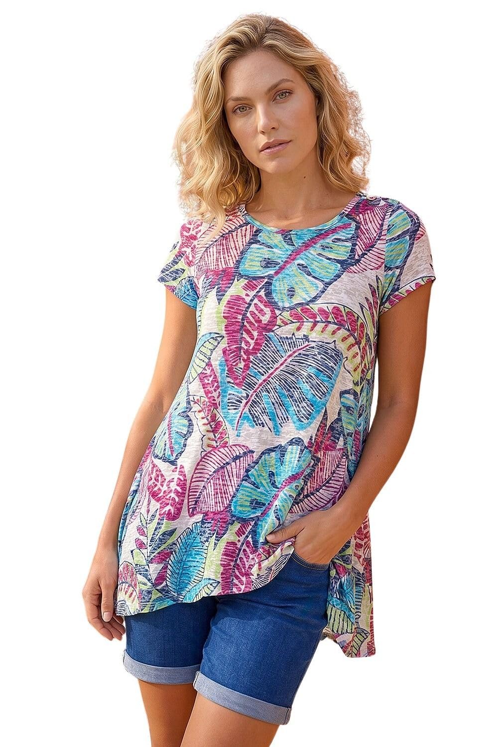 Roman Women's Blue Tropical Leaf Print Burnout Top In Size 14