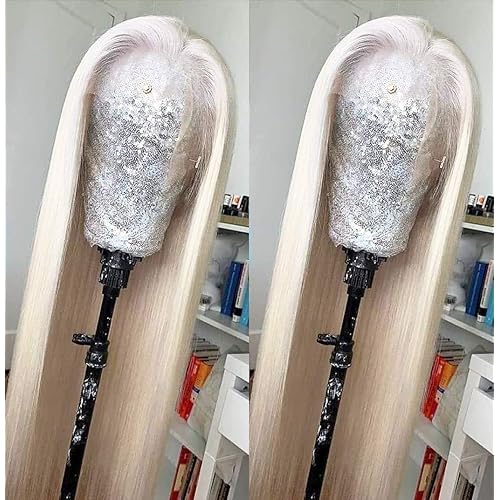 Andrai Hair 13×6 Inch Deep Part Lace Platinum Blonde Lace Front Synthetic Wigs Long Straight Heat Resistant Hair Pre Plucked Wig with Baby Hair Bleached Knots for Women 26 Inch
