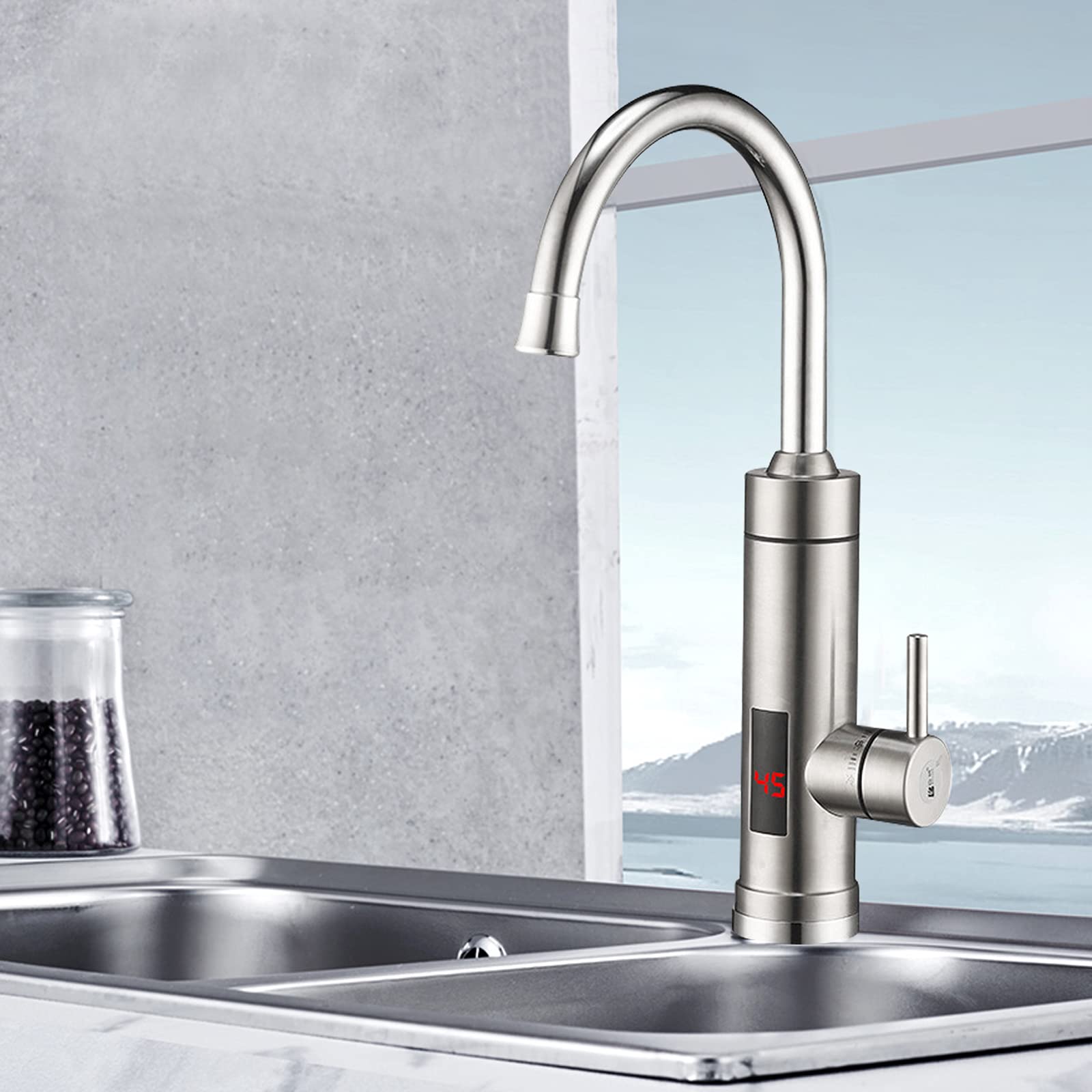 Grifo de acero inoxidable de 3000 W con calentador de agua, giratorio 360°, grifo de agua caliente con indicador de temperatura LED, grifo para cocina, baño, baño instantáneo