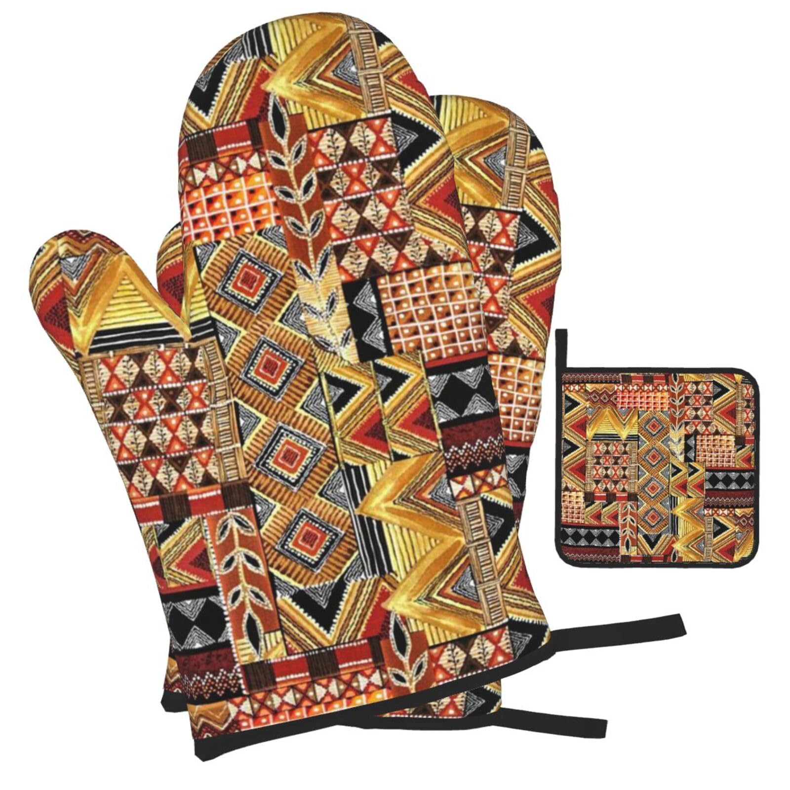 African Textile Patchwork Printed Oven Mitts and Pot Holders Heat Resistant Set of 3 Pcs, Modern Kitchen Gloves & Potholders for Cooking Baking Grilling