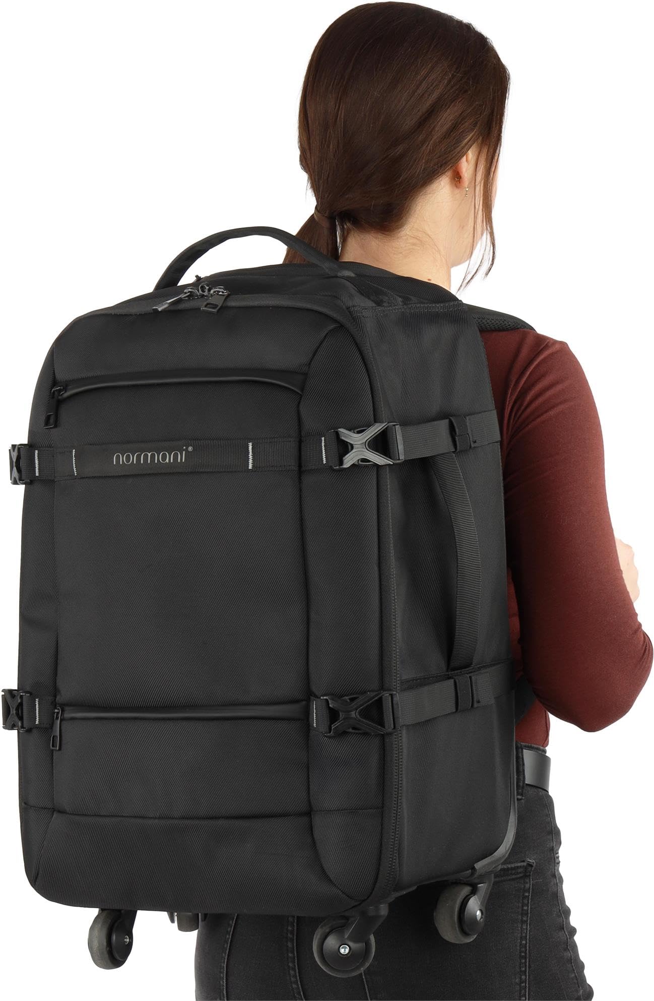 normani Handgepäck Carry-On Reiserucksack 37L mit Trolleyfunktion Reisetasche mit Frontloader und Laptopfach Bordgepäck mit Laptopfach New Black L