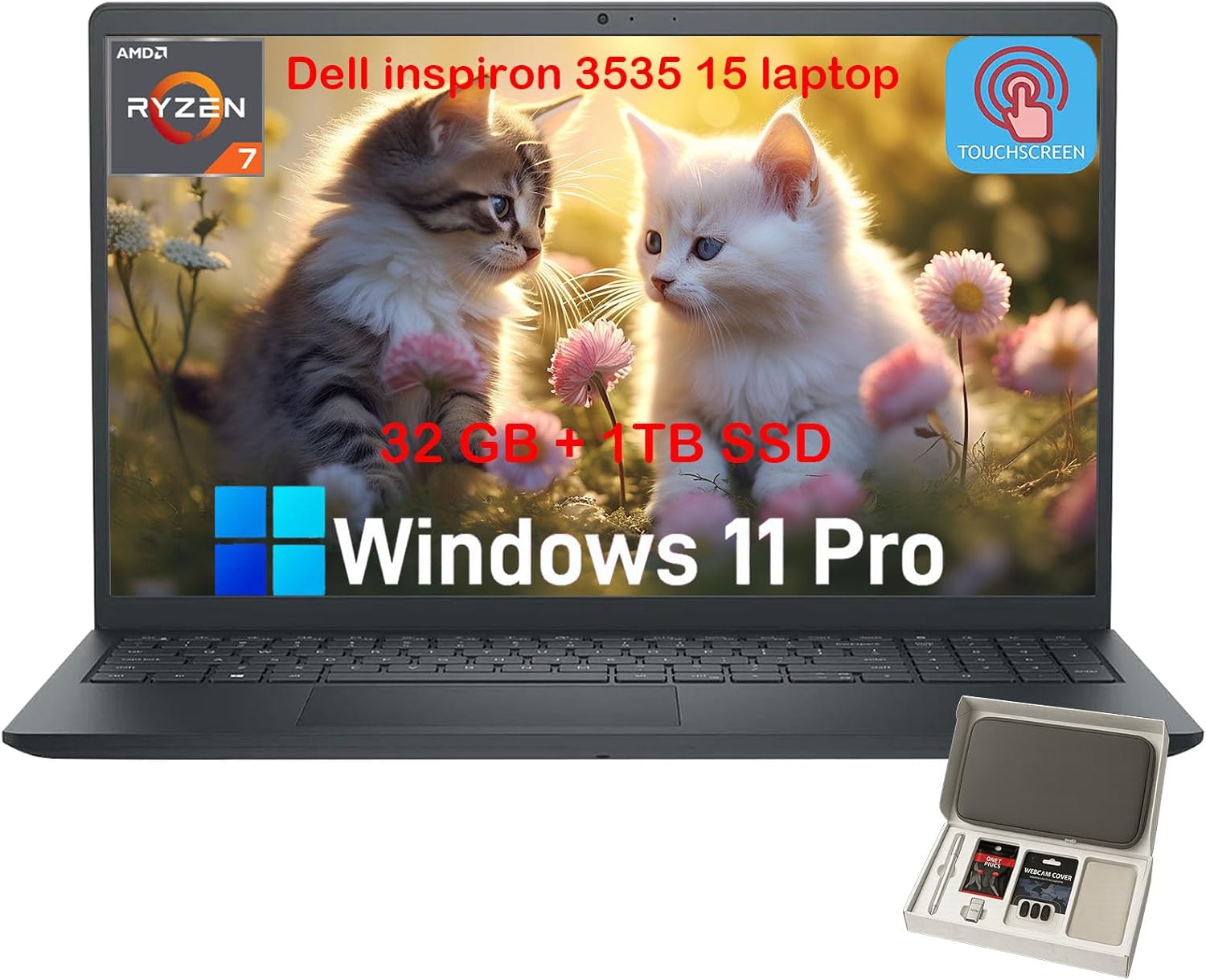 Dell Inspiron 15 3535 Touchscreen Laptop Computer for Business Student, 32GB RAM, 1TB SSD, Windows 11 Pro, AMD Ryzen 7 7730U, 15.6" WVA LED FHD Anti-Glare Display, Numeric Keypad, with Accessories
