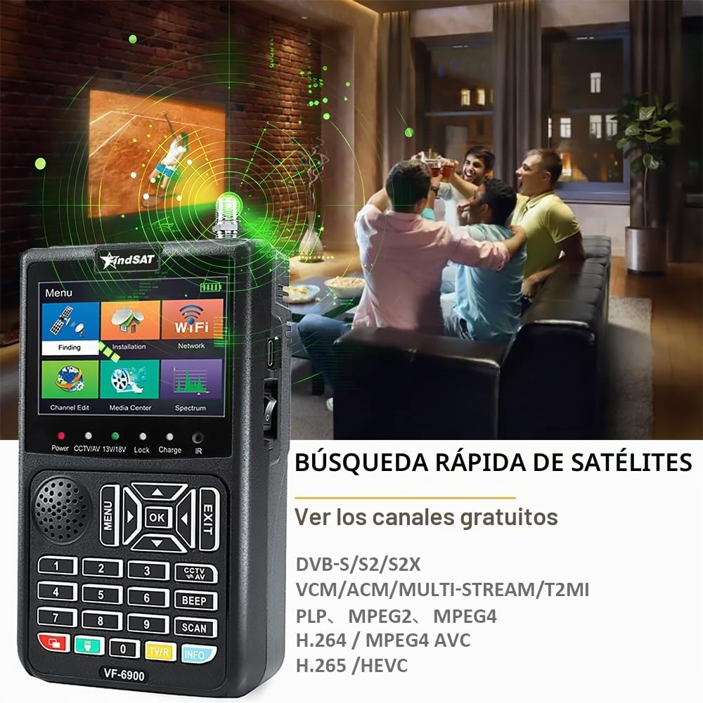 VF6900 Medidor de Campo DVB-S/S2, Medidor Señal Satelite con Imagen de TV, Buscador Satelite Parabolica Pantalla LCD HD de 3,5" con Espectro/Scr/Dcss