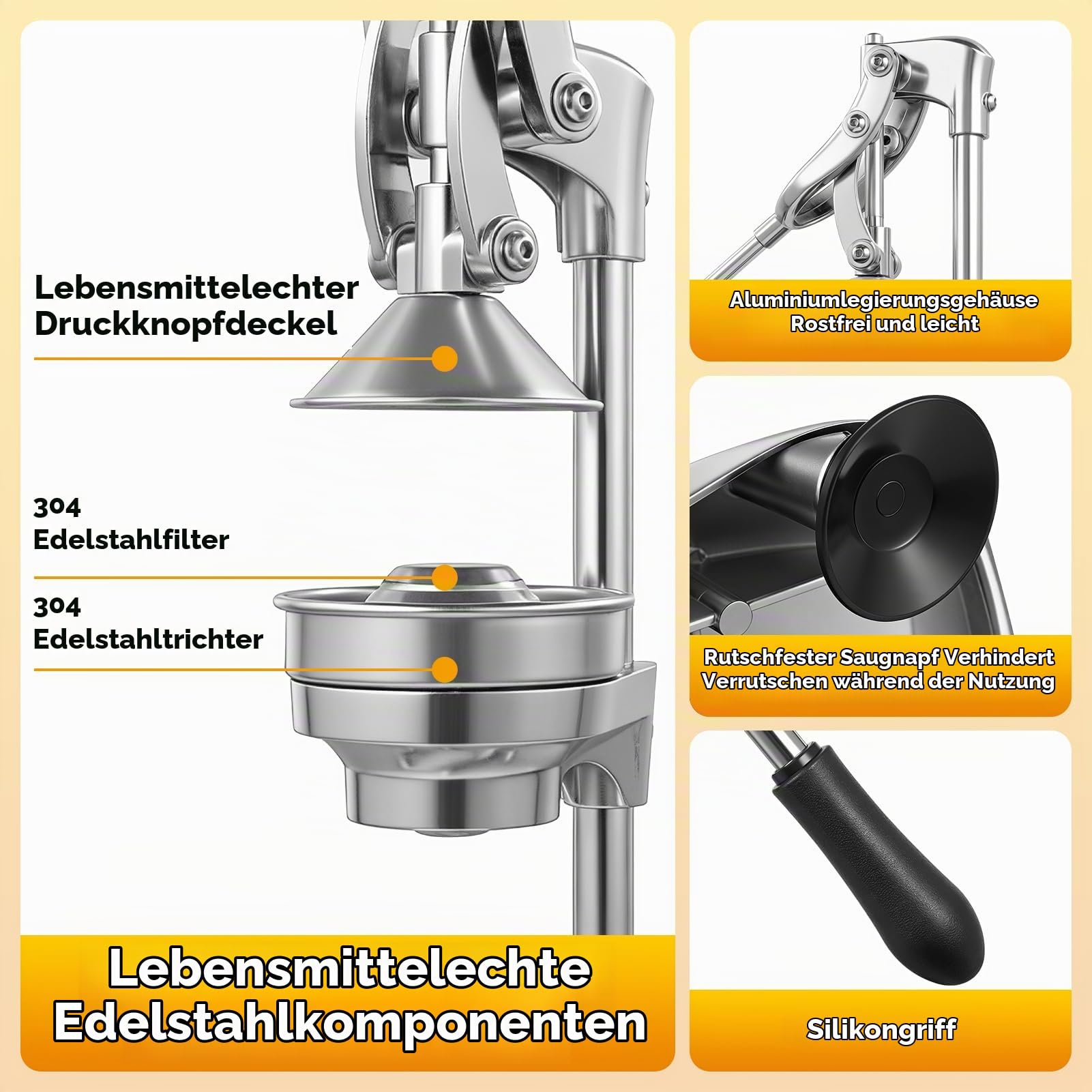 Saftpresse Manuell, Orangenpresse Handpresse, Leicht zu Reinigende Zitruspresse mit Konischer & Flacher, Cast Iron Juicer, Manual Entsafter für Orange, Zitrone und Obst