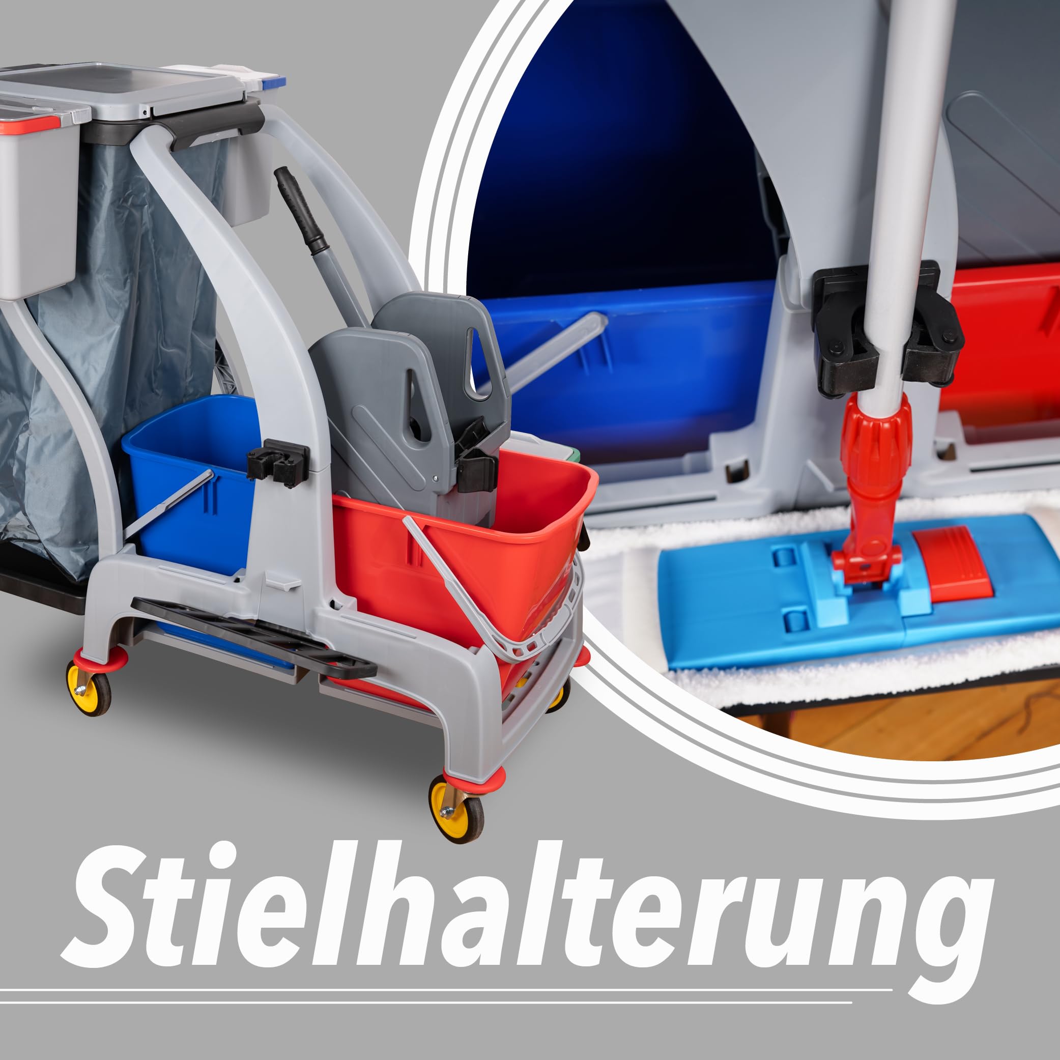 G.I.V. Multifunktions Reinigungswagen - Putzwagen mit Vertikalpresse, 2x18L Eimer, 4-Farbsystem Eimer + Deckel je 6L, zusätzlicher Putzeimer, Dauerabfallsack, leise Räder, Halterungen für Stiel + Mopp